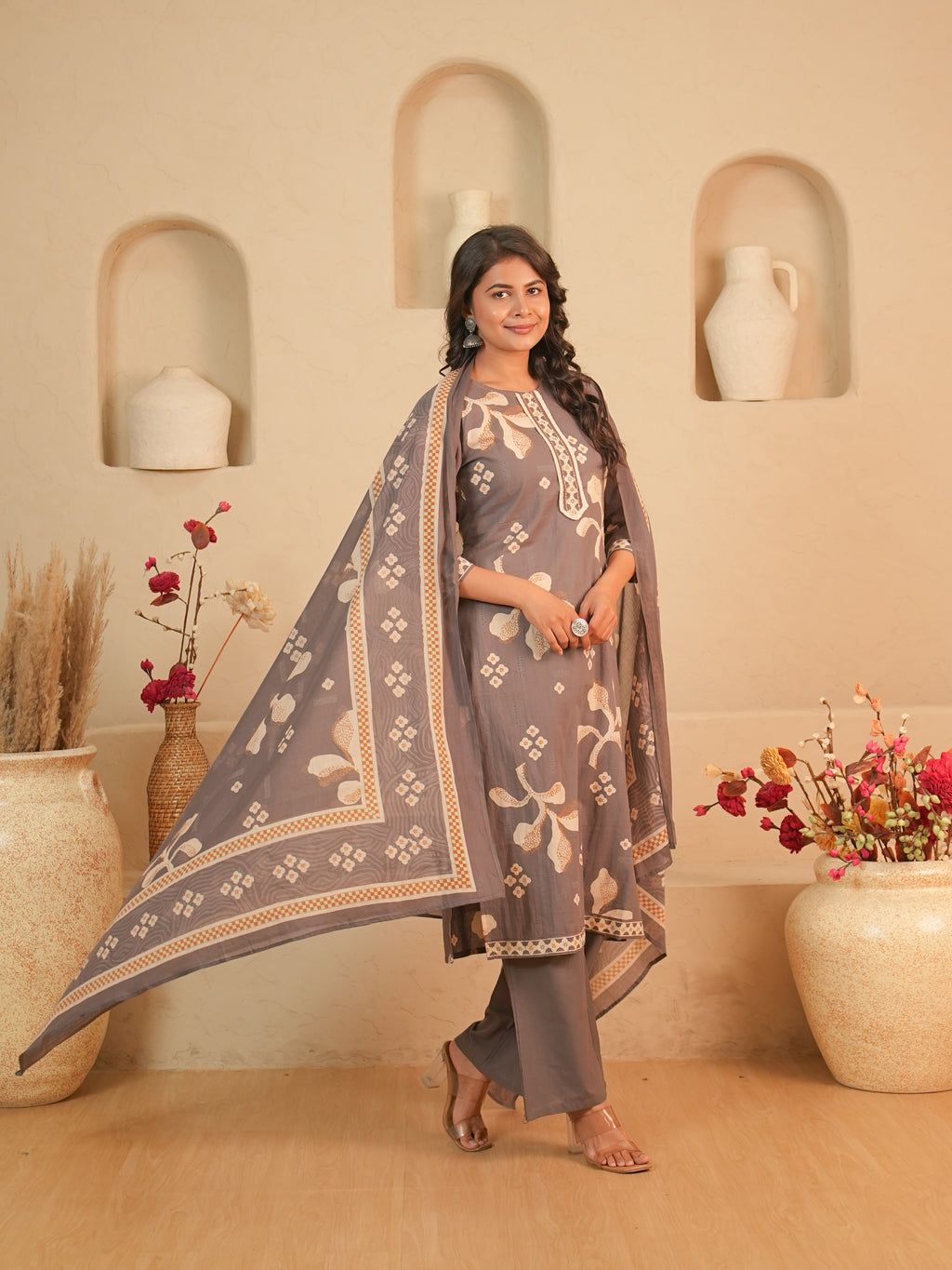 Grey Printed Pure Cotton Kurti Set | Gouri Jaipur
