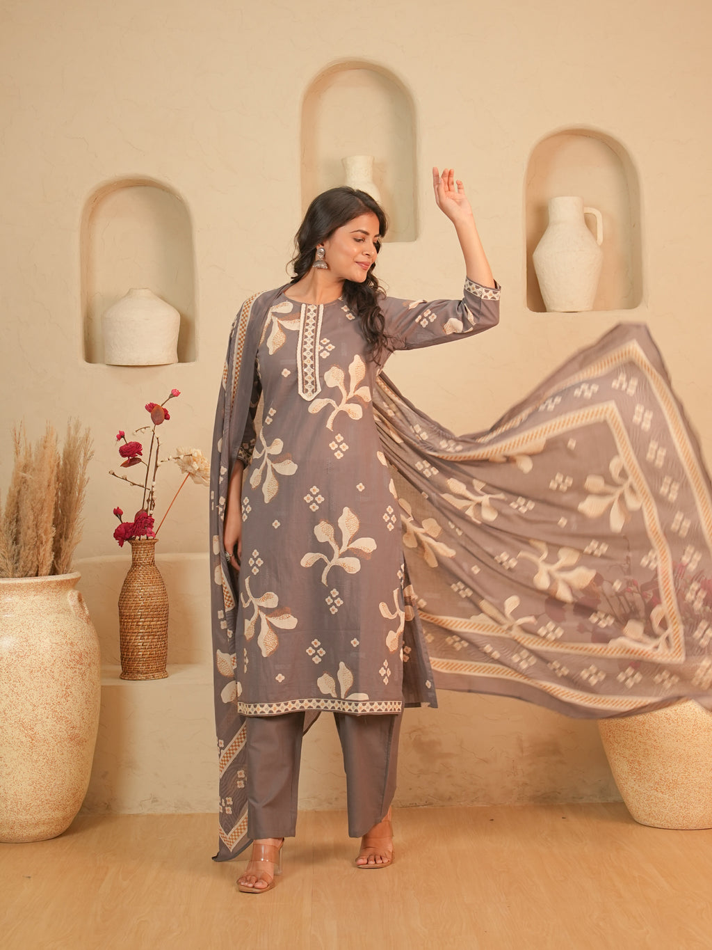 Grey Printed Pure Cotton Kurti Set | Gouri Jaipur