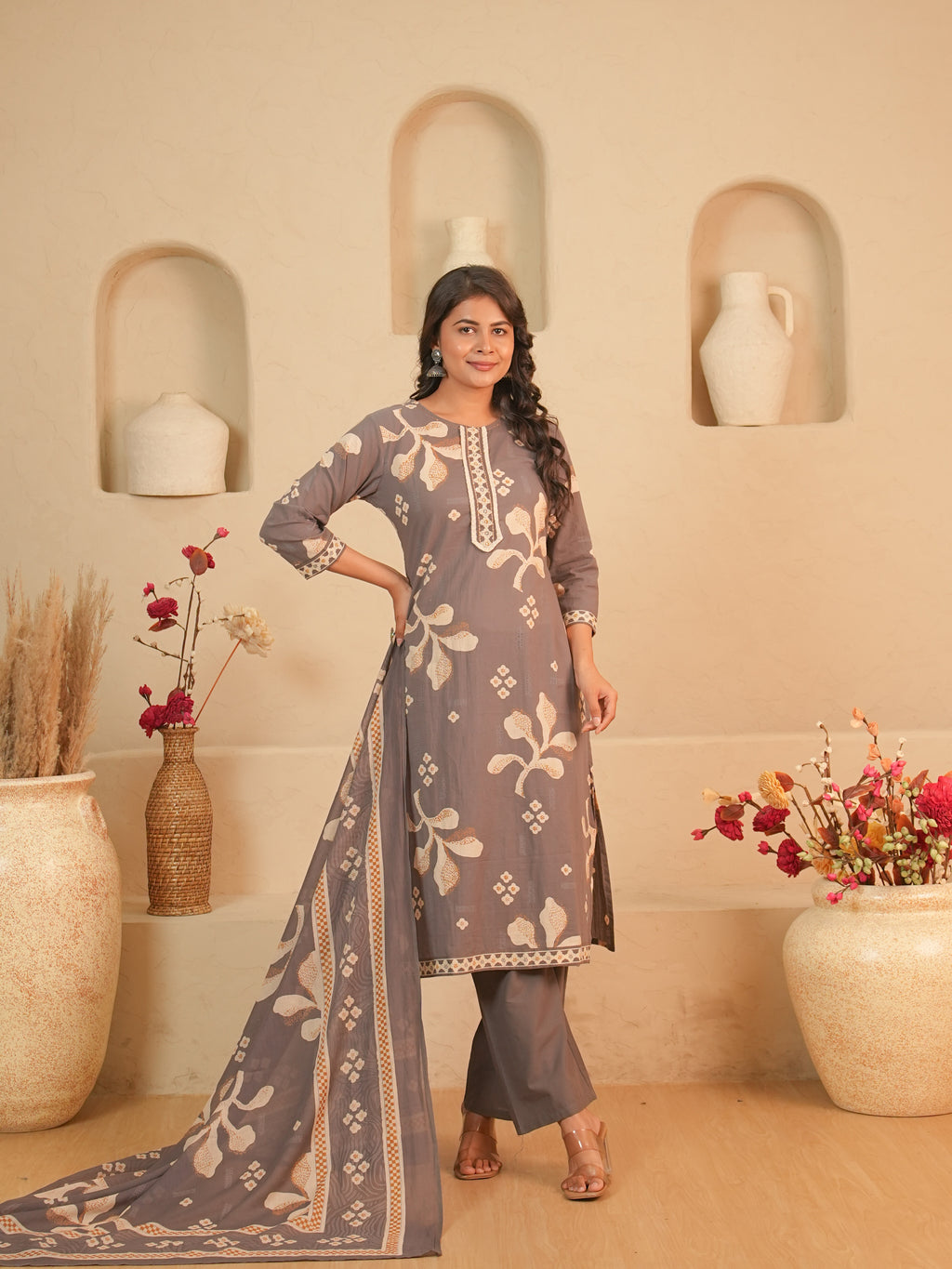 Grey Printed Pure Cotton Kurti Set | Gouri Jaipur
