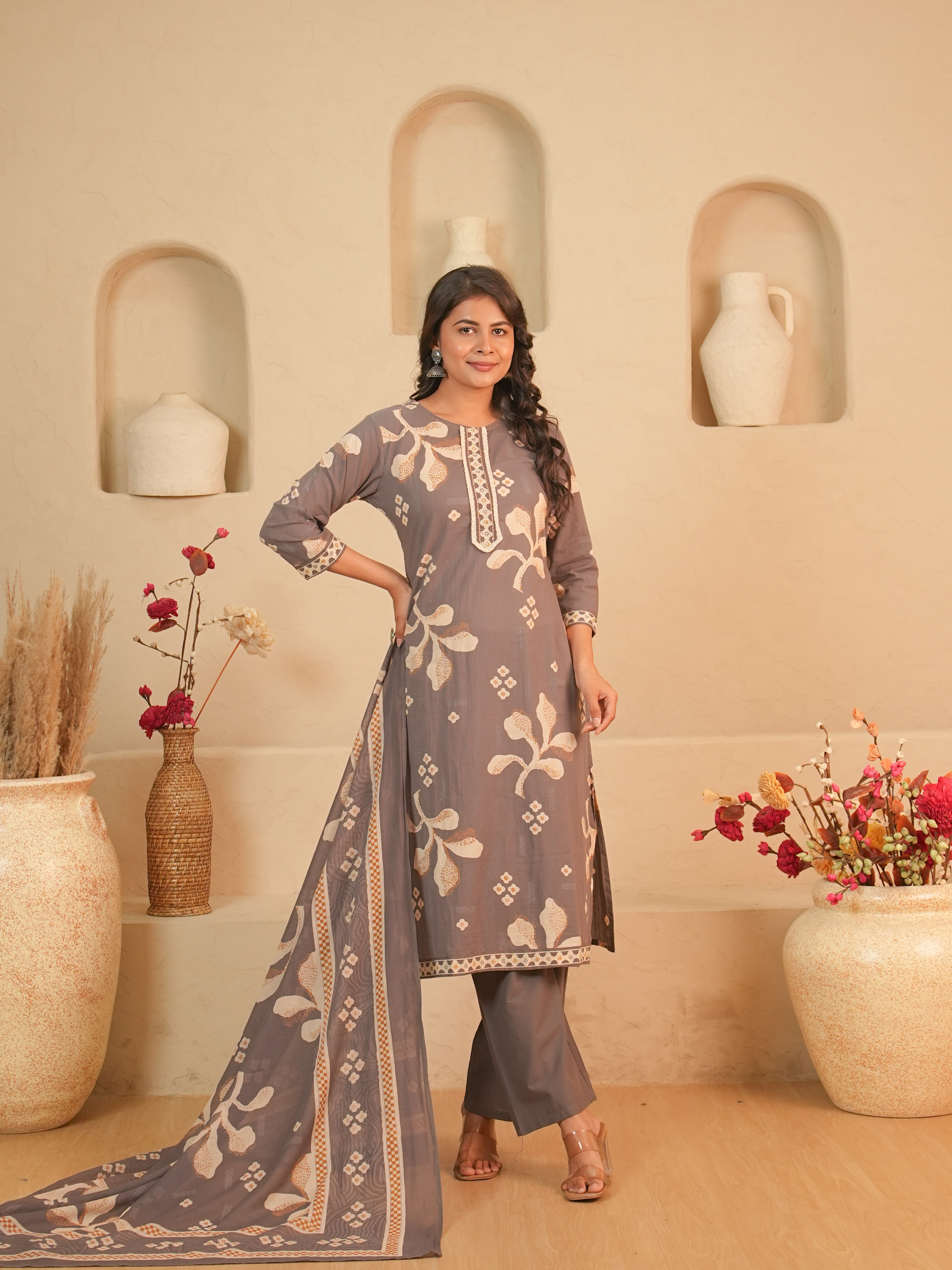 Grey Printed Pure Cotton Kurti Set | Gouri Jaipur