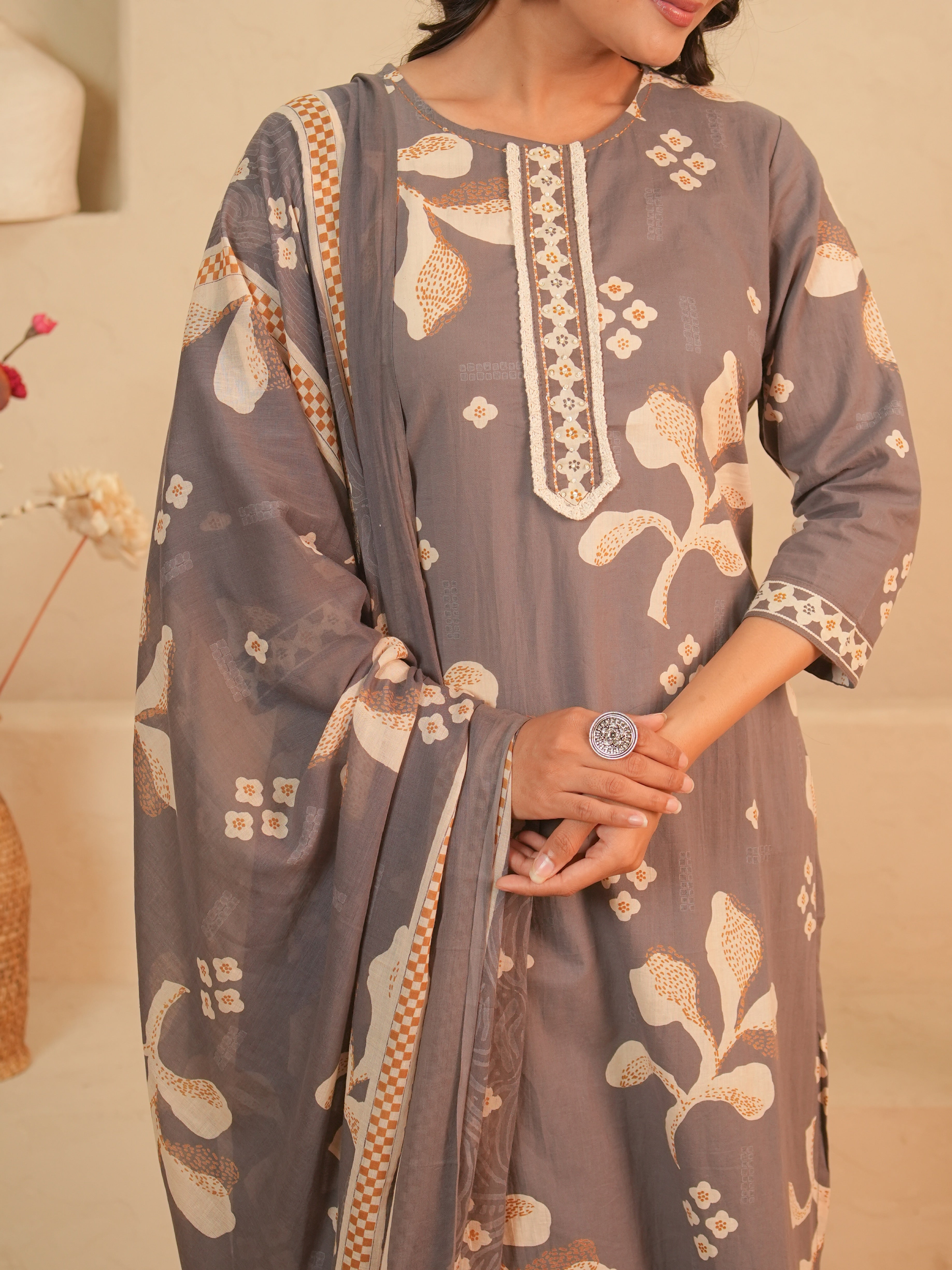 Grey Printed Pure Cotton Kurti Set | Gouri Jaipur