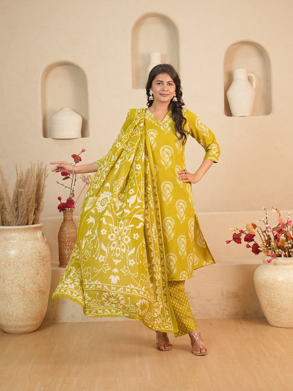Lime Green Printed Pure Cotton Kurti Set | Gouri Jaipur