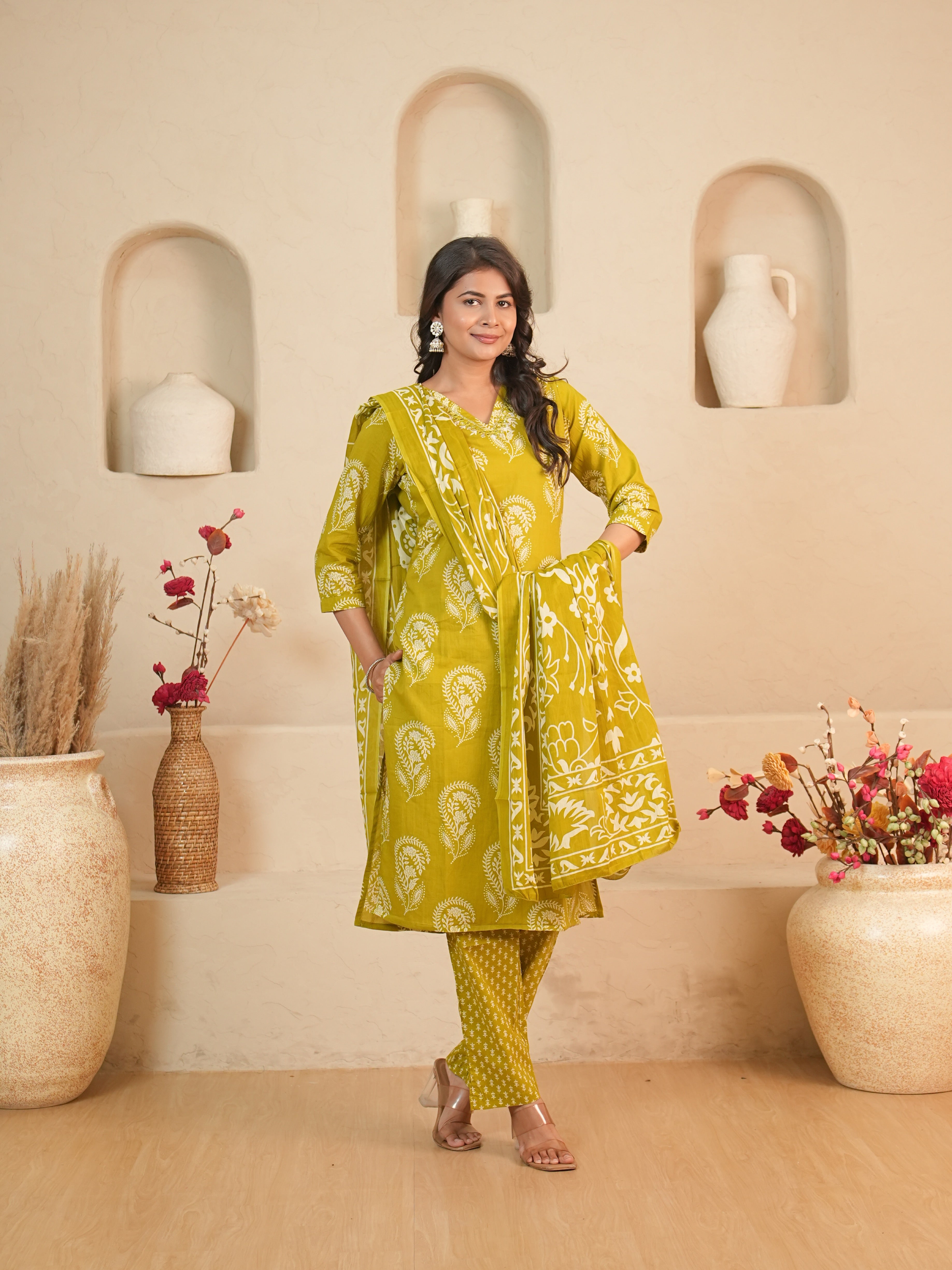Lime Green Printed Pure Cotton Kurti Set | Gouri Jaipur