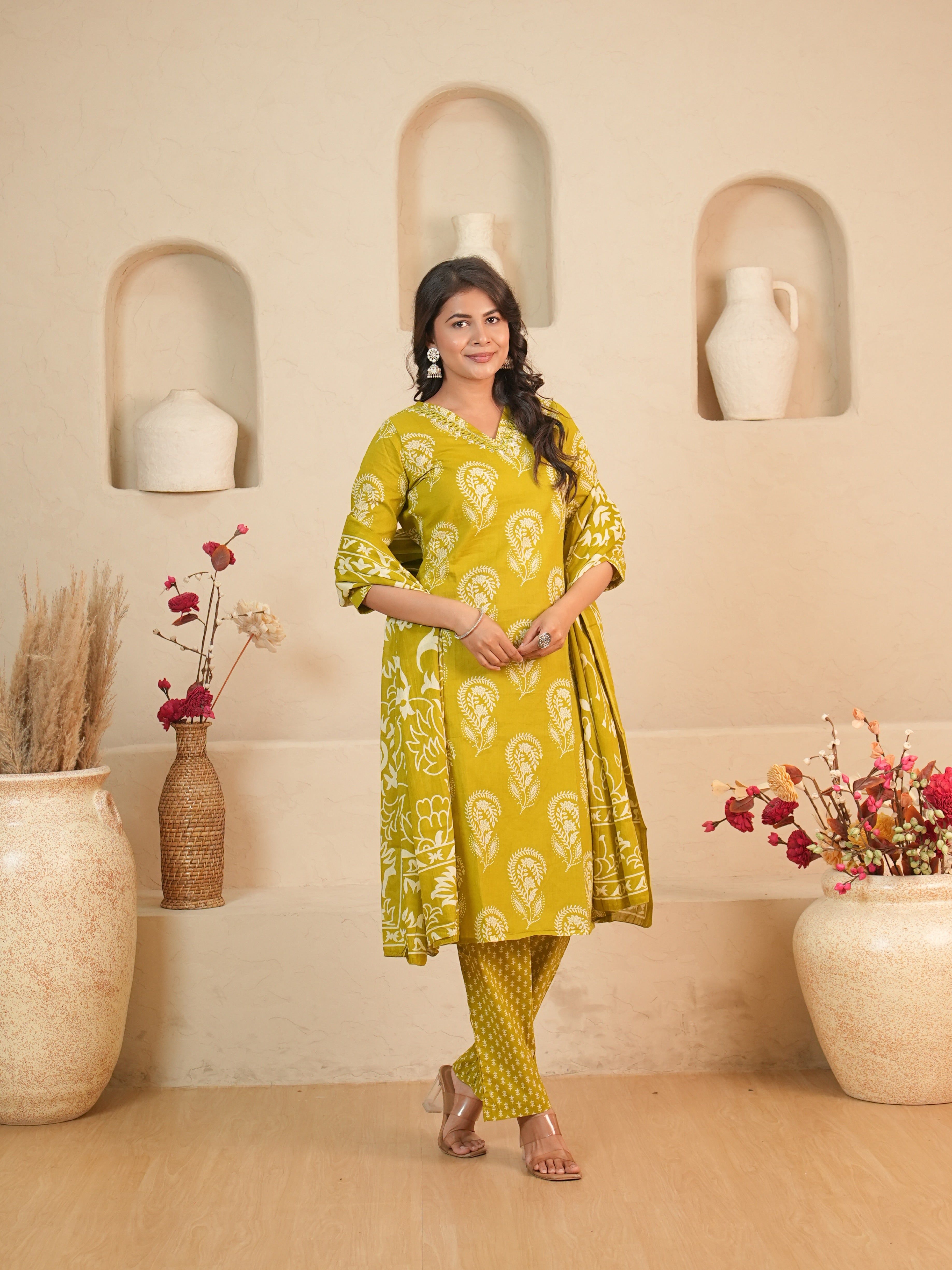 Lime Green Printed Pure Cotton Kurti Set | Gouri Jaipur