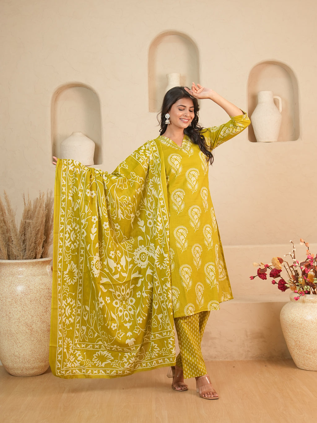 Lime Green Printed Pure Cotton Kurti Set | Gouri Jaipur