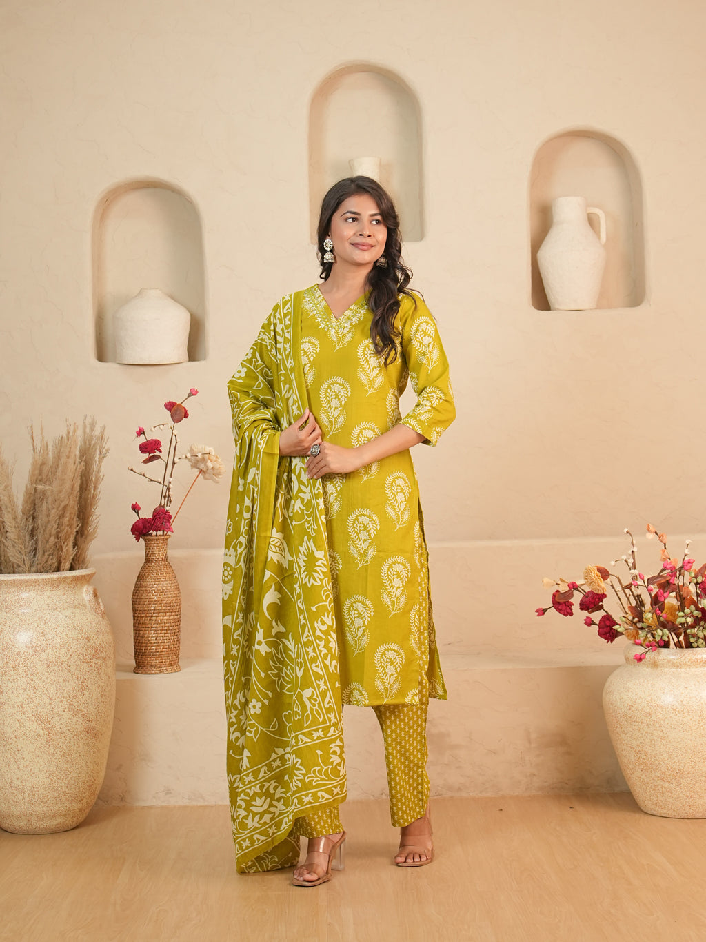 Lime Green Printed Pure Cotton Kurti Set | Gouri Jaipur