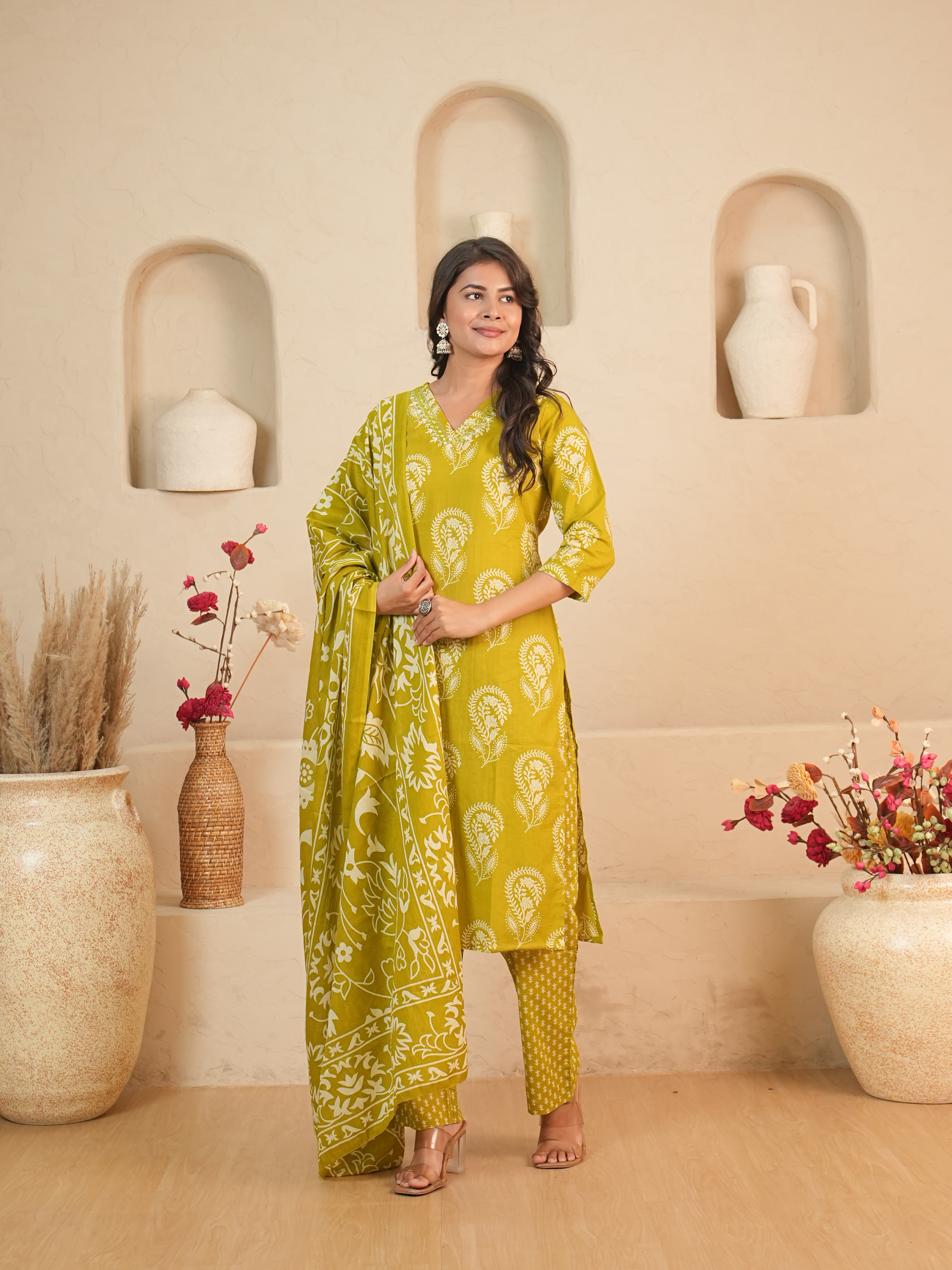 Lime Green Printed Pure Cotton Kurti Set | Gouri Jaipur