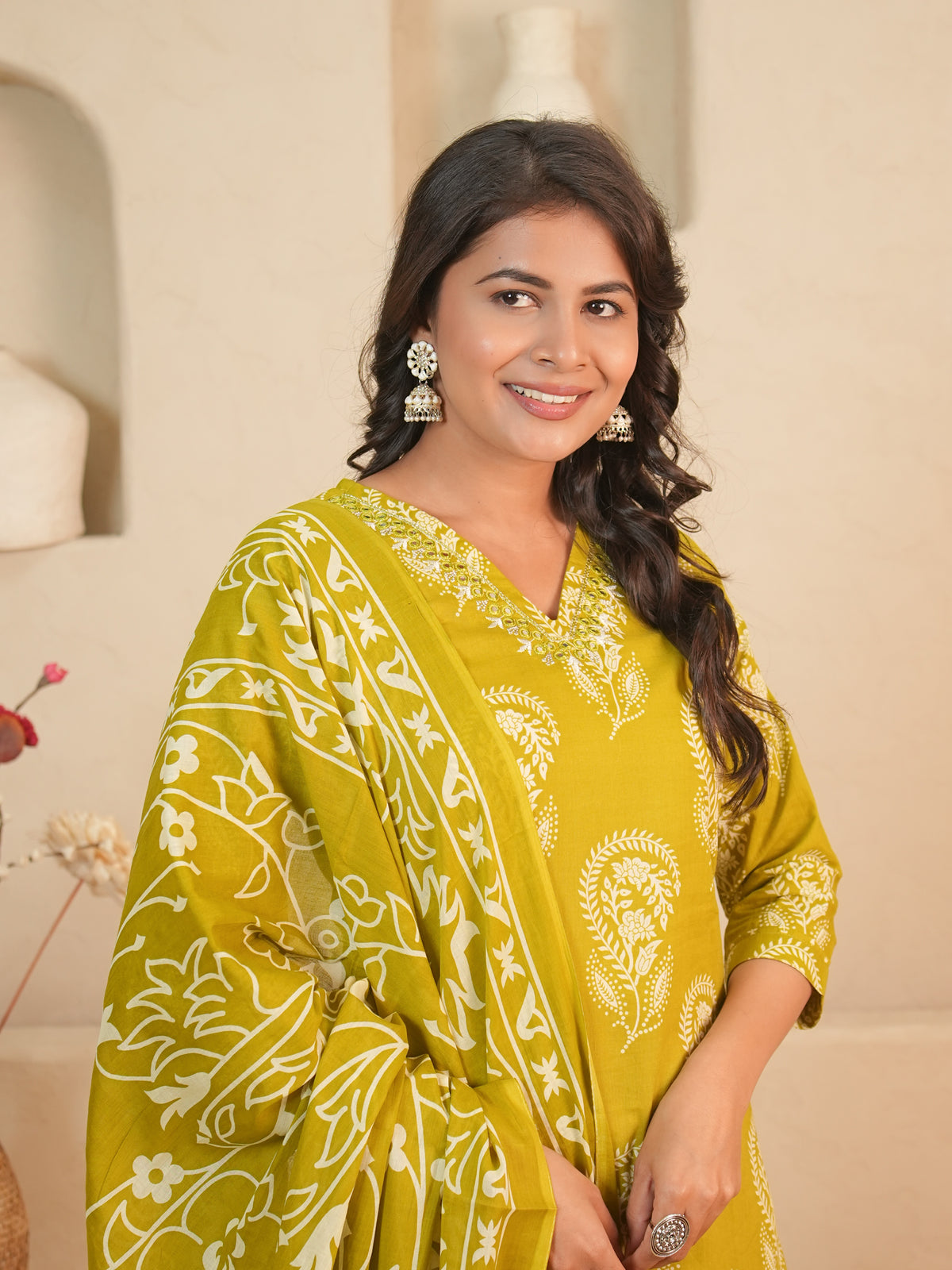 Lime Green Printed Pure Cotton Kurti Set | Gouri Jaipur