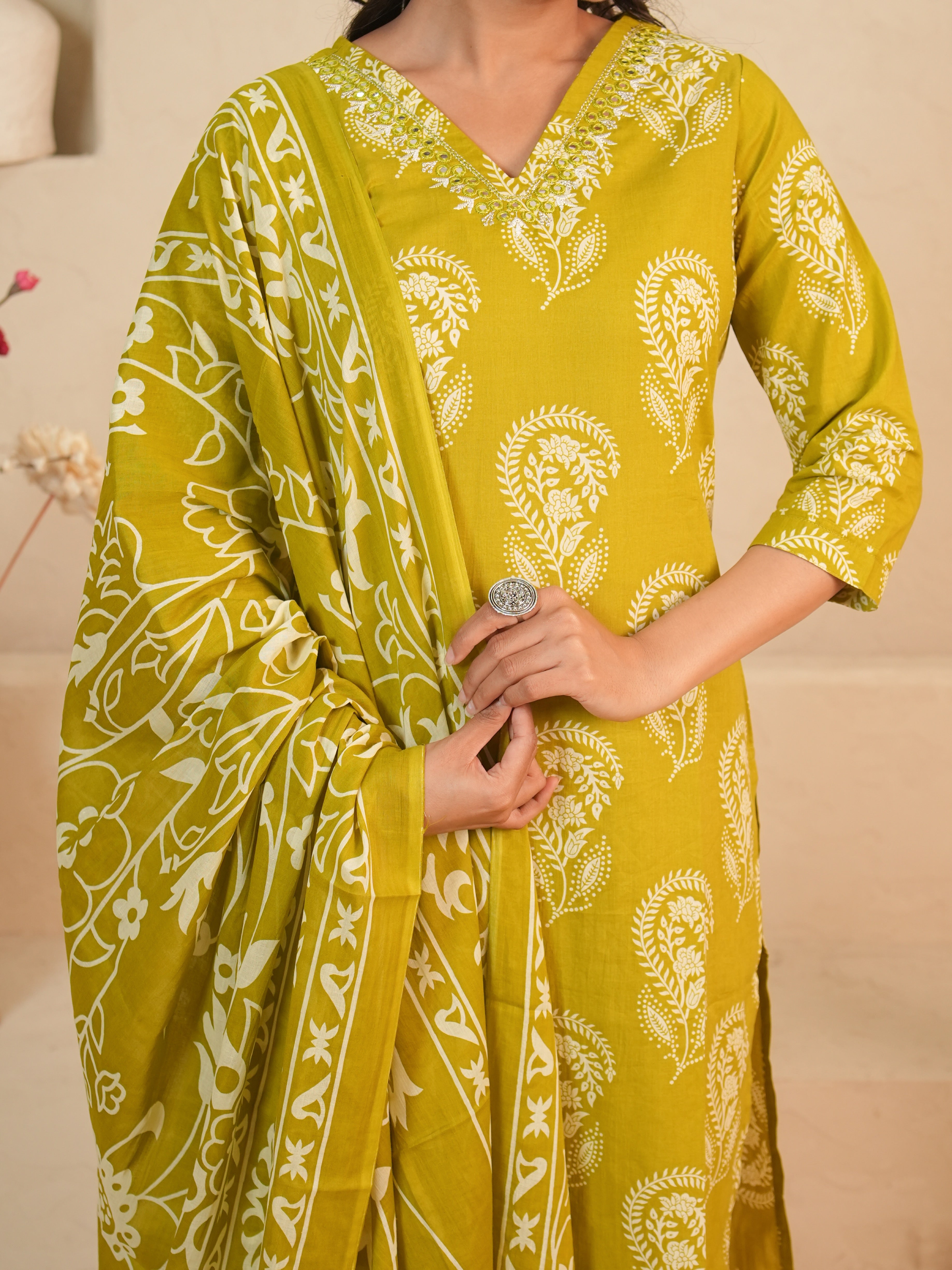 Lime Green Printed Pure Cotton Kurti Set | Gouri Jaipur