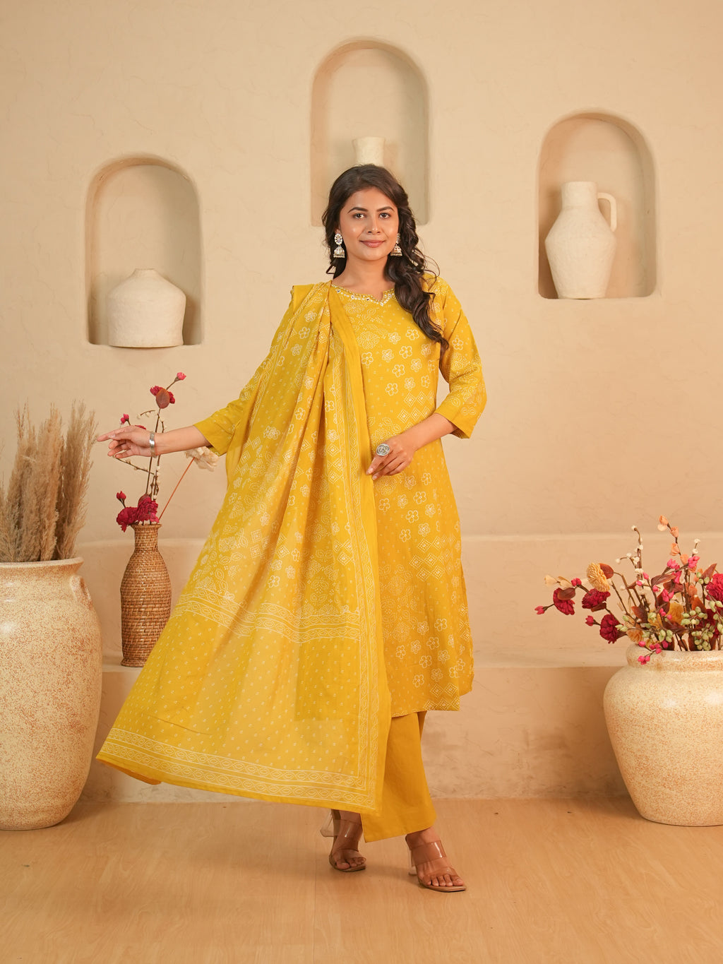 Mustard Bandhani Printed Pure Cotton Kurti Set | Gouri Jaipur