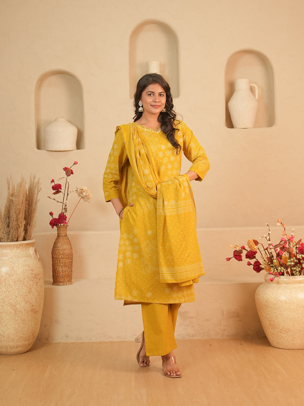 Mustard Bandhani Printed Pure Cotton Kurti Set | Gouri Jaipur
