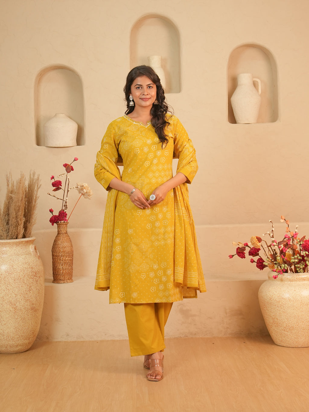 Mustard Bandhani Printed Pure Cotton Kurti Set | Gouri Jaipur
