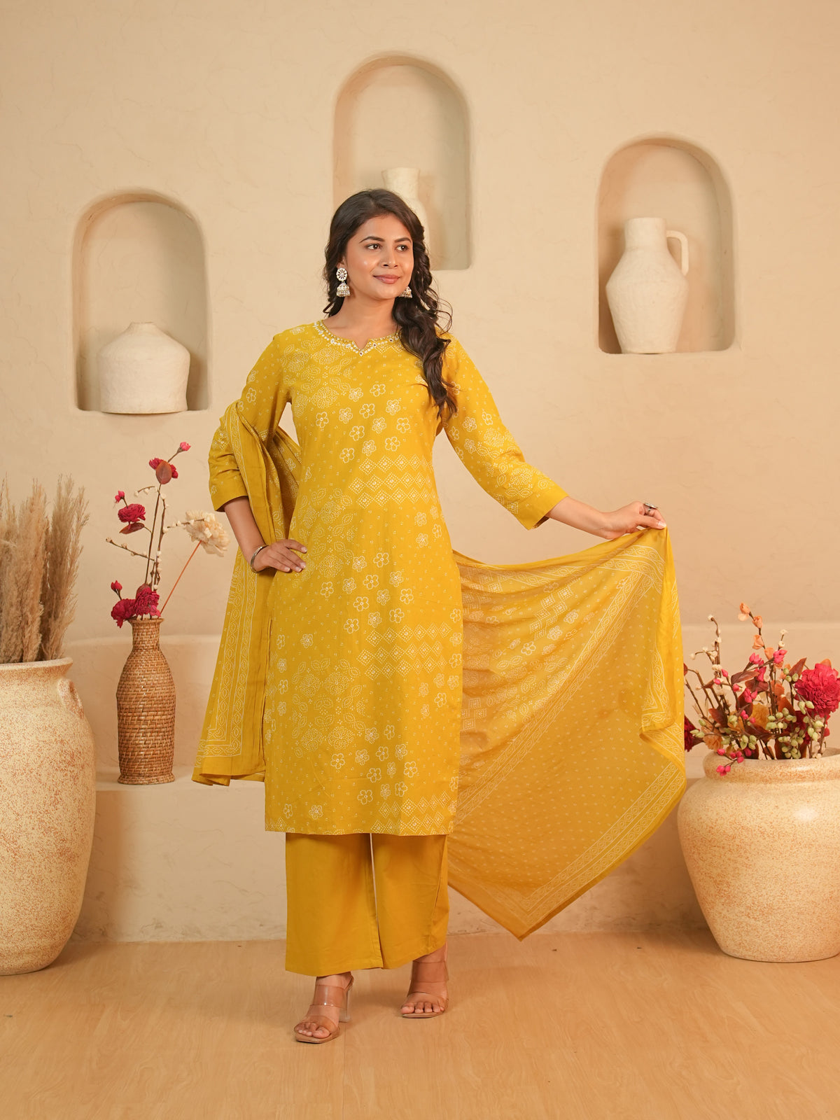 Mustard Bandhani Printed Pure Cotton Kurti Set | Gouri Jaipur