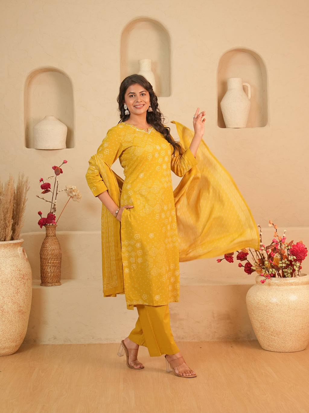 Mustard Bandhani Printed Pure Cotton Kurti Set | Gouri Jaipur