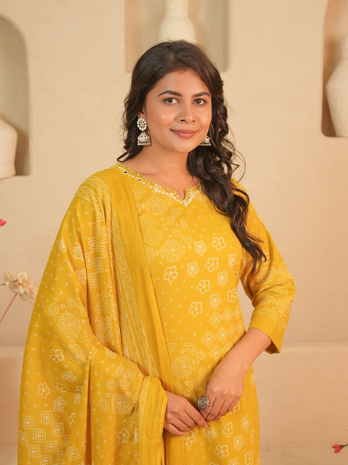 Mustard Bandhani Printed Pure Cotton Kurti Set | Gouri Jaipur