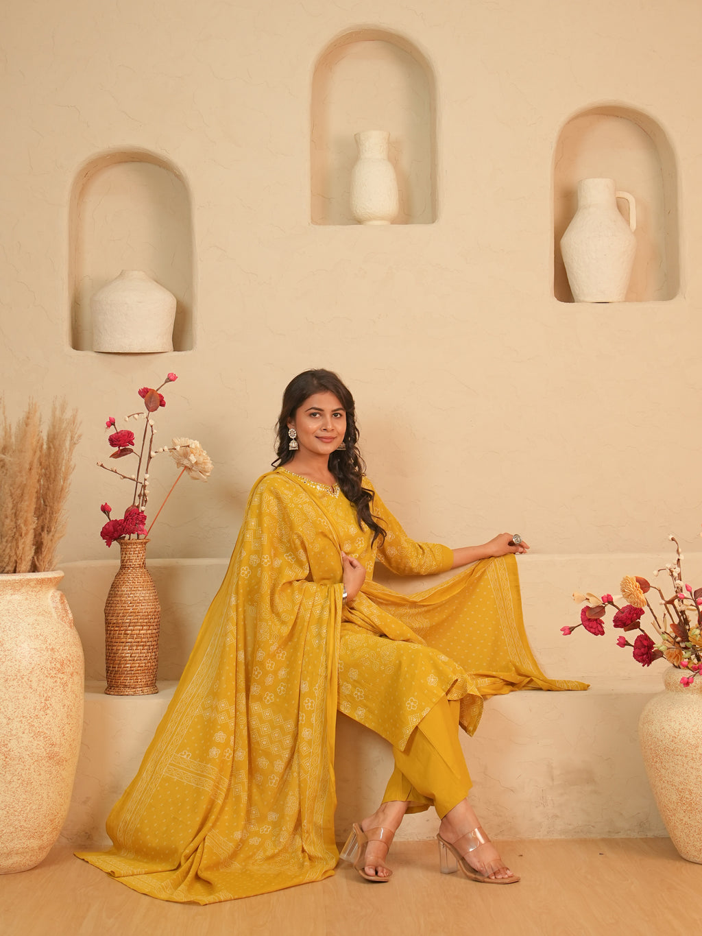 Mustard Bandhani Printed Pure Cotton Kurti Set | Gouri Jaipur