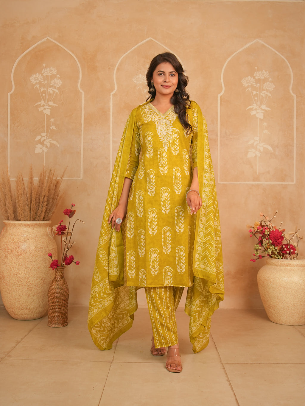 Mustard Yellow Printed Pure Cotton Kurti Set | Gouri Jaipur