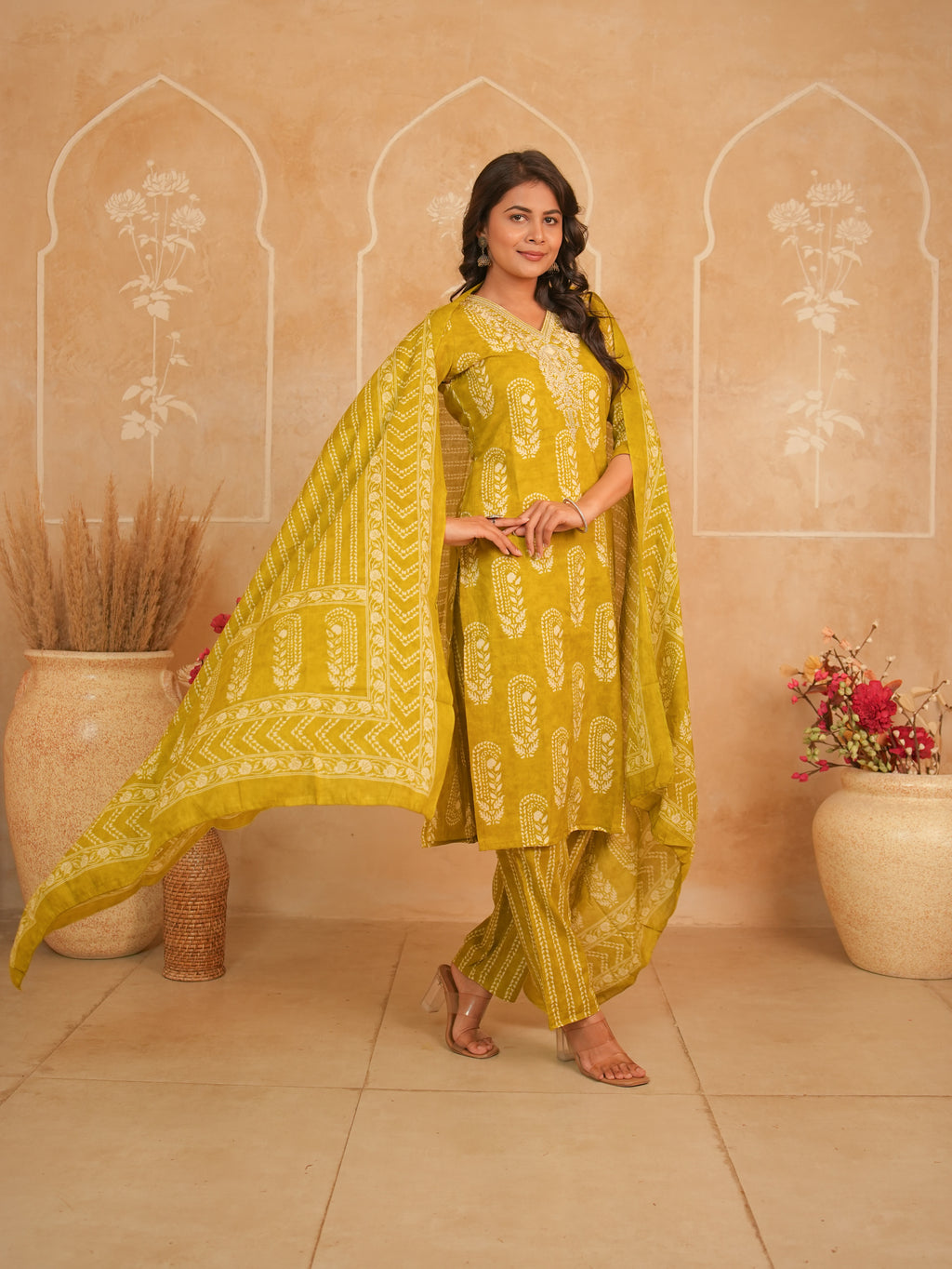 Mustard Yellow Printed Pure Cotton Kurti Set | Gouri Jaipur