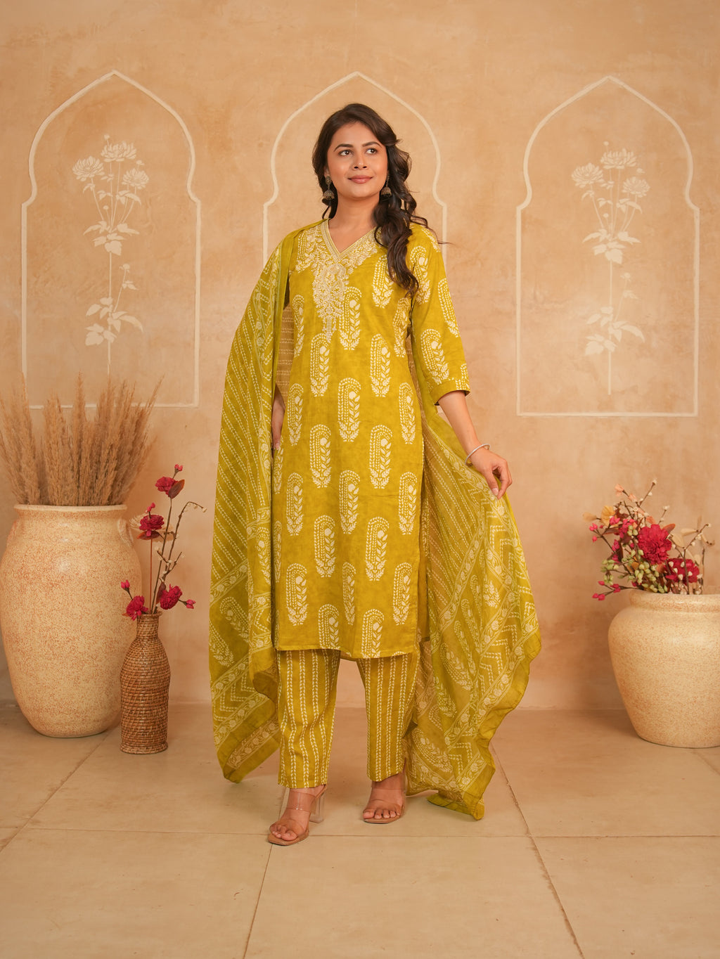 Mustard Yellow Printed Pure Cotton Kurti Set | Gouri Jaipur