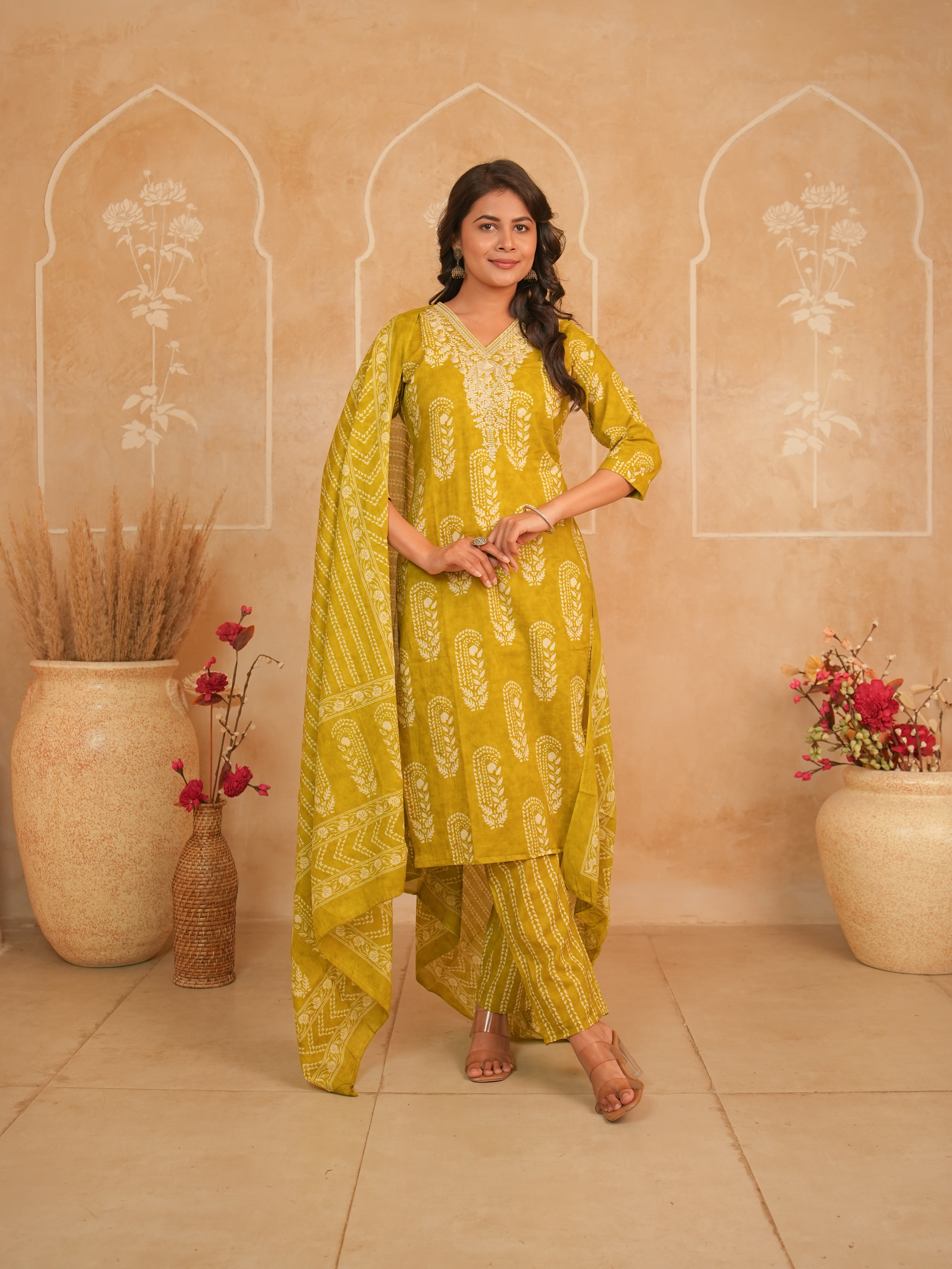 Mustard Yellow Printed Pure Cotton Kurti Set | Gouri Jaipur