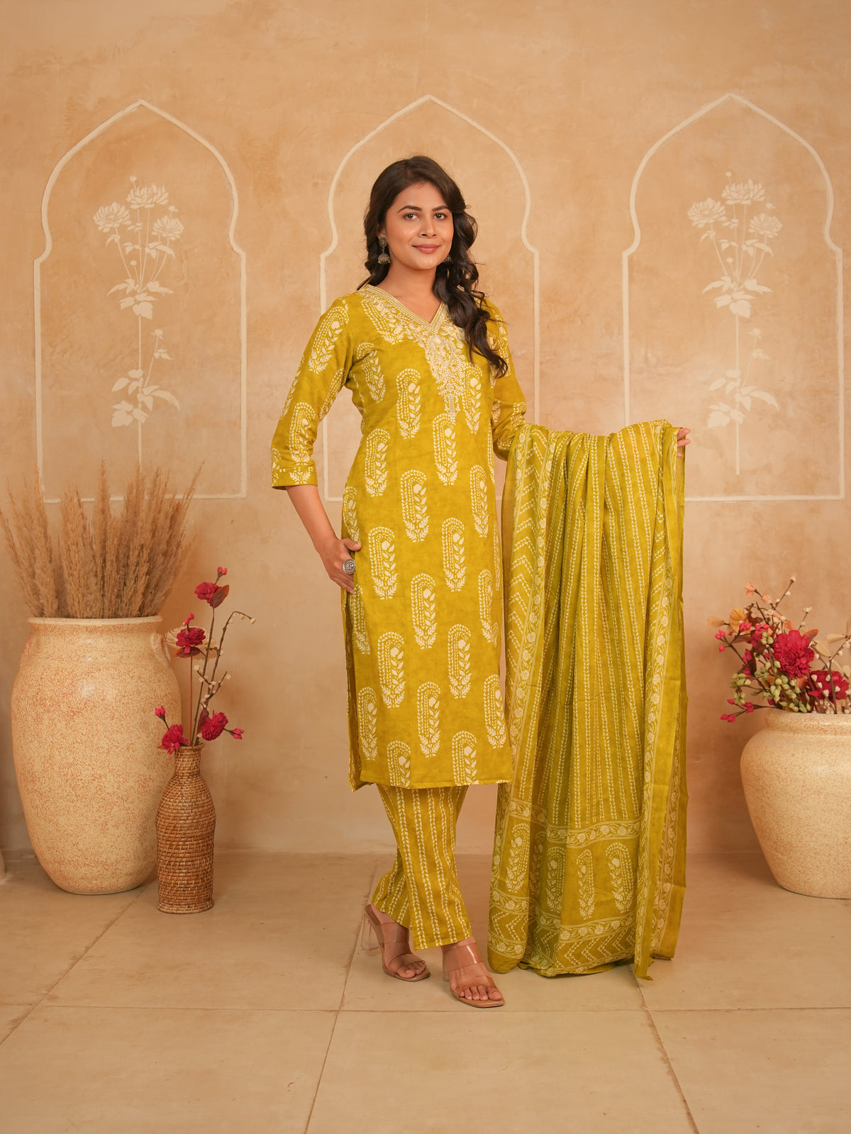 Mustard Yellow Printed Pure Cotton Kurti Set | Gouri Jaipur