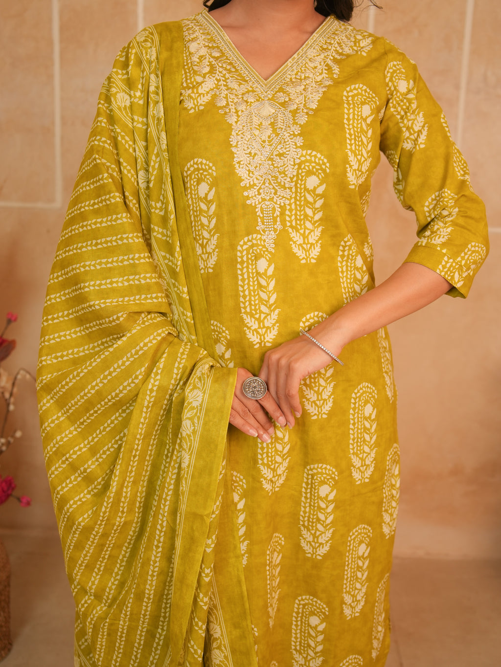 Mustard Yellow Printed Pure Cotton Kurti Set | Gouri Jaipur