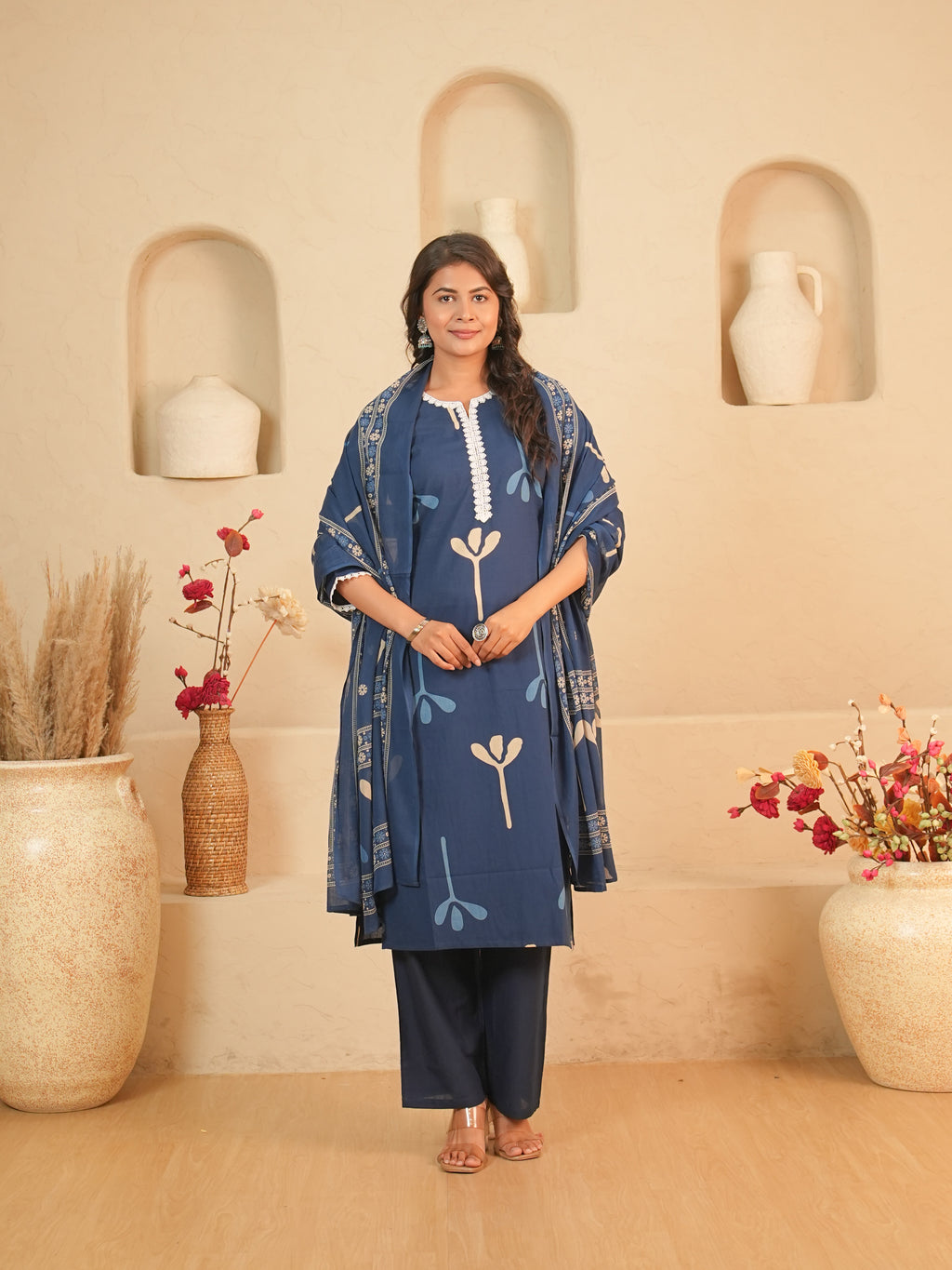 Navy Blue Printed Pure Cotton Kurti Set | Gouri Jaipur