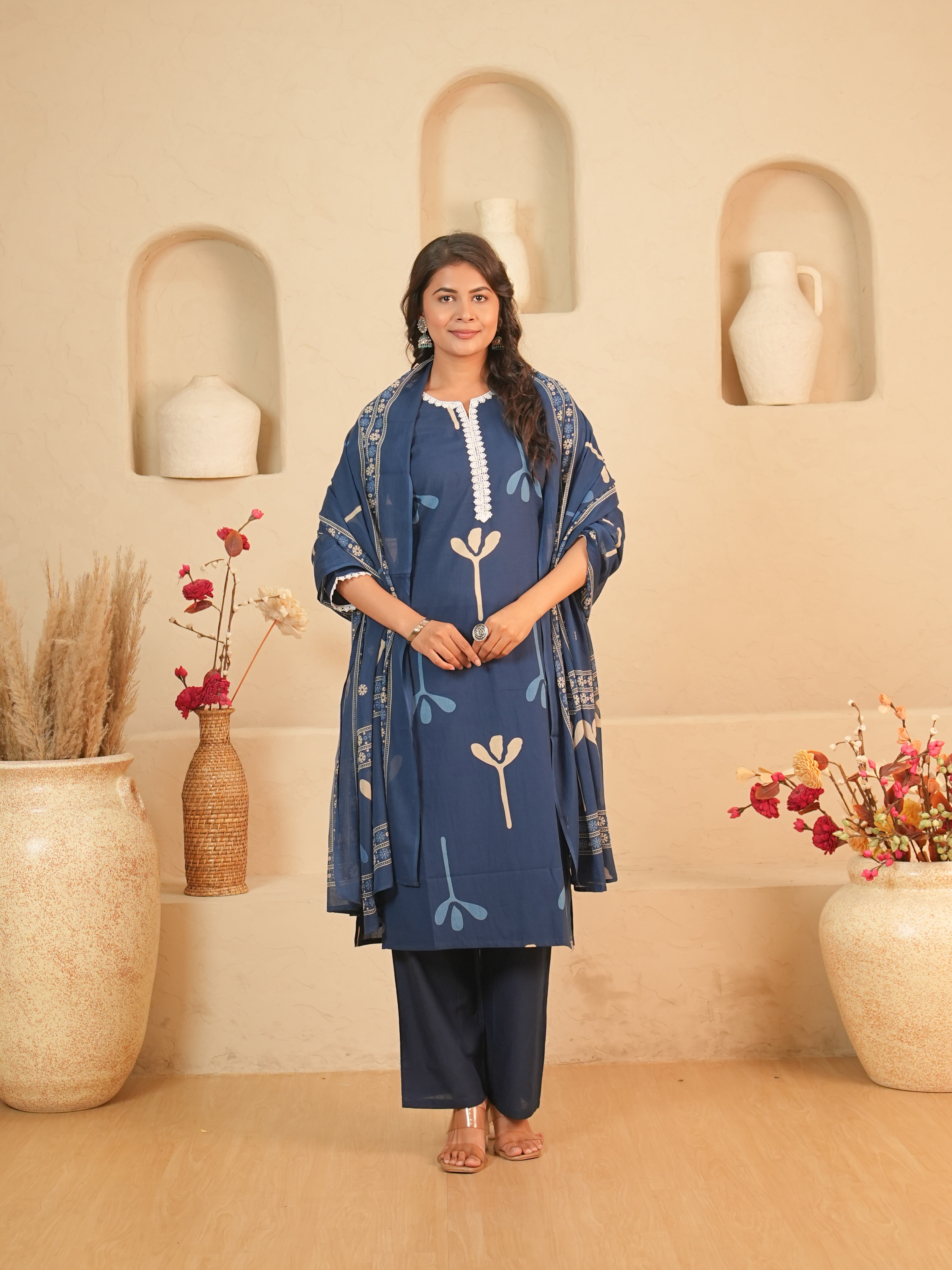 Navy Blue Printed Pure Cotton Kurti Set | Gouri Jaipur
