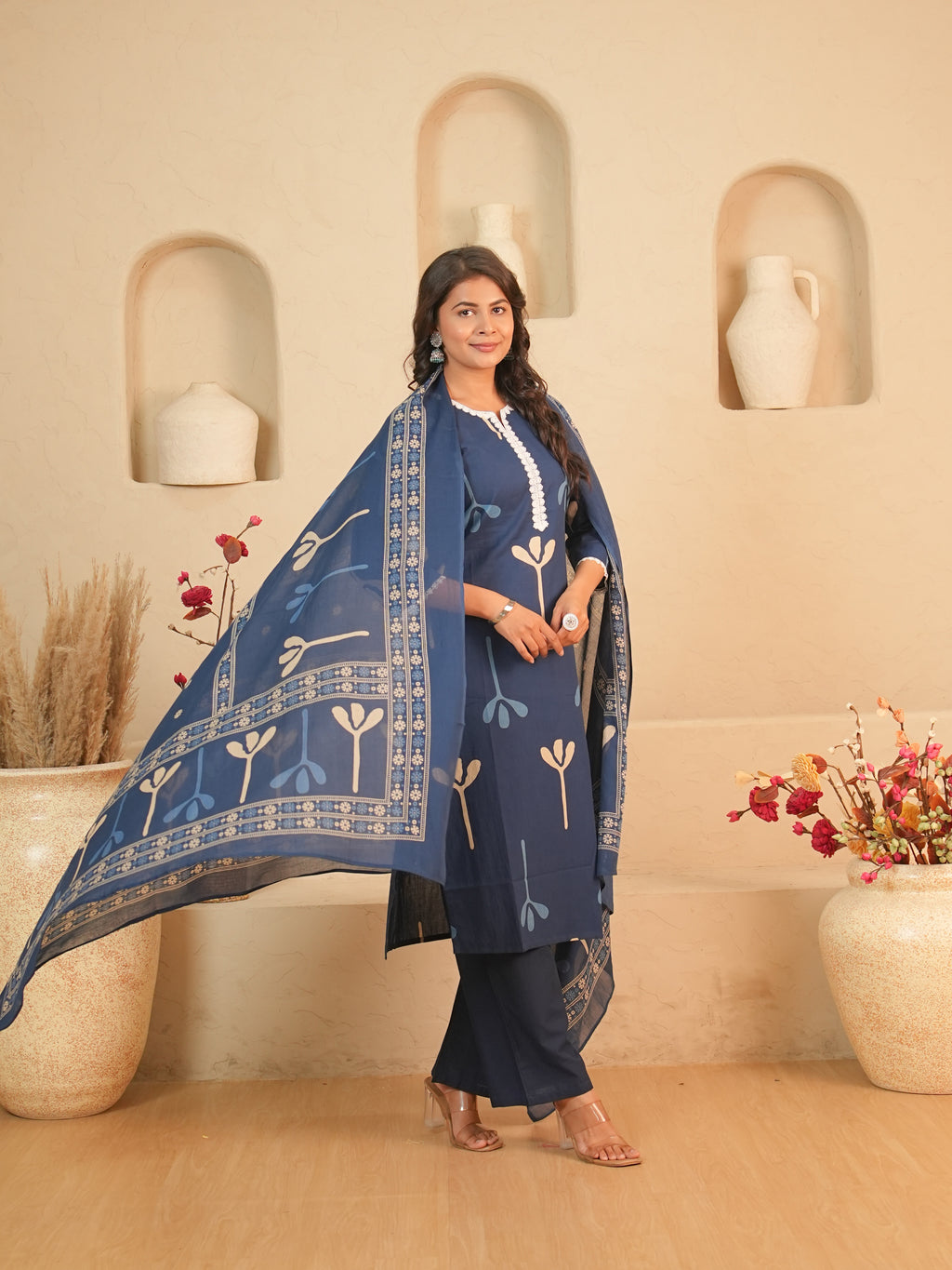 Navy Blue Printed Pure Cotton Kurti Set | Gouri Jaipur