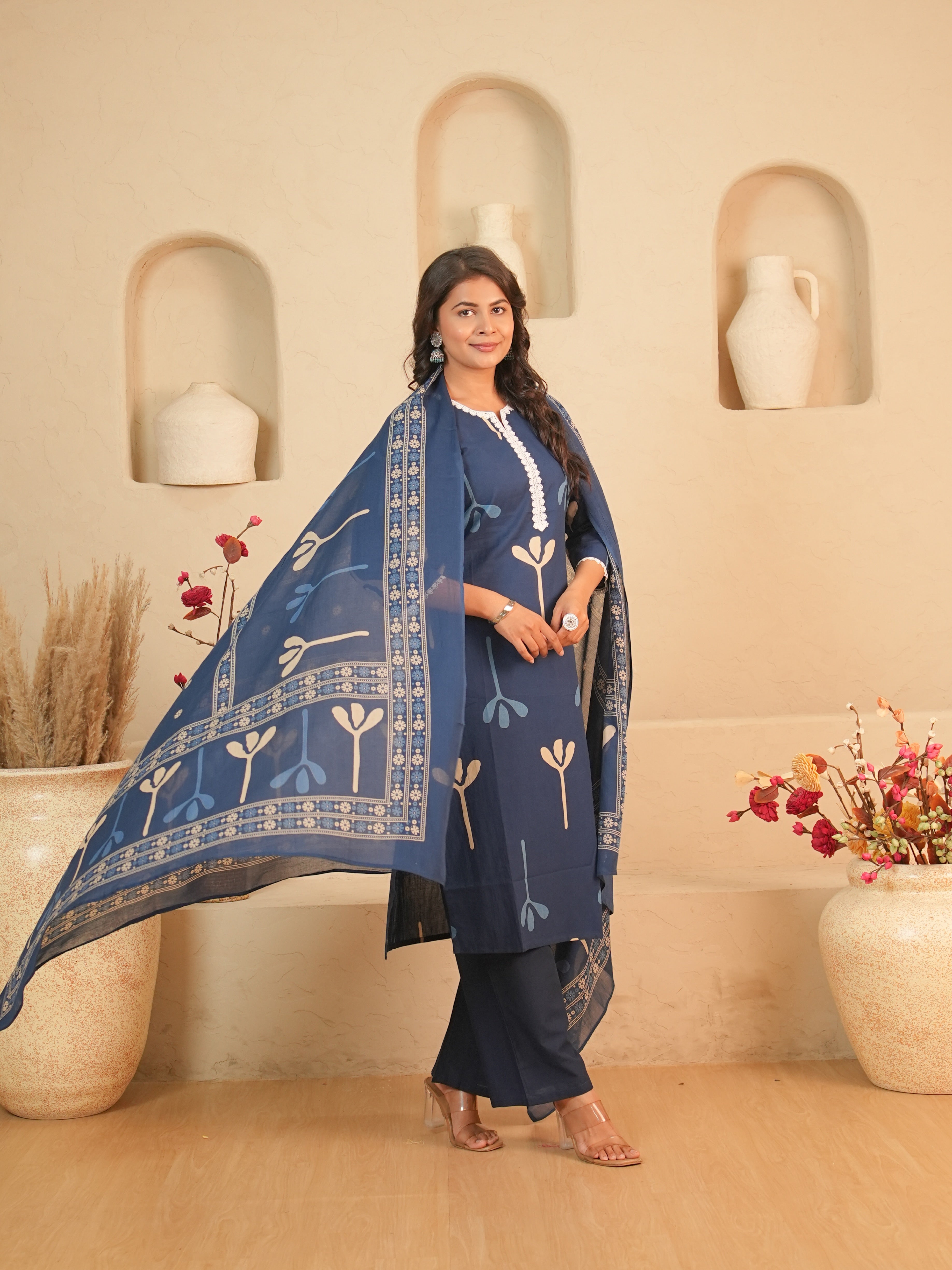 Navy Blue Printed Pure Cotton Kurti Set | Gouri Jaipur