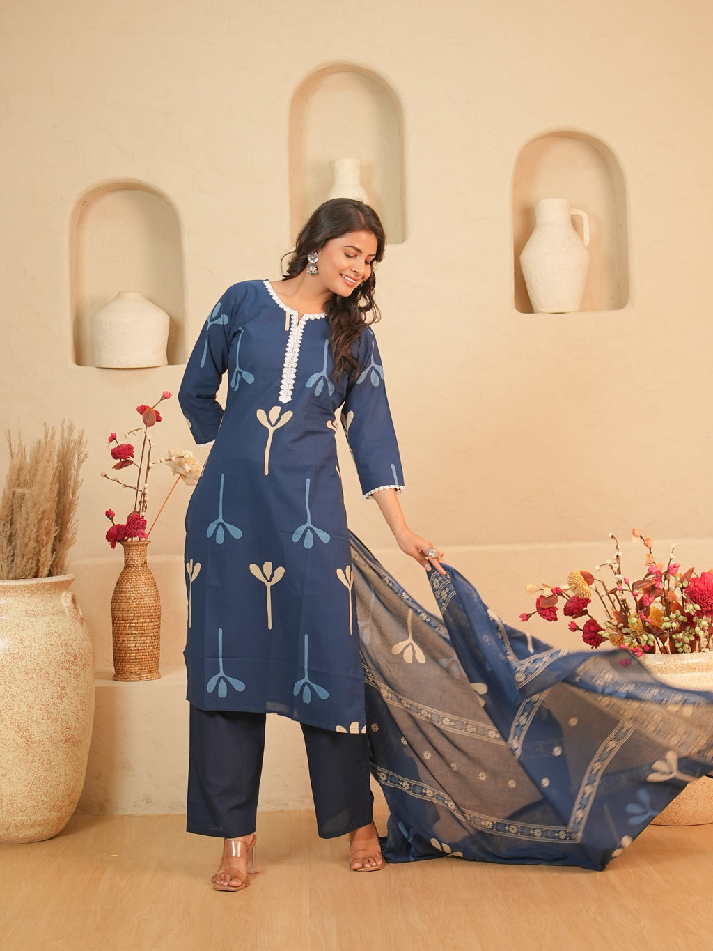 Navy Blue Printed Pure Cotton Kurti Set | Gouri Jaipur