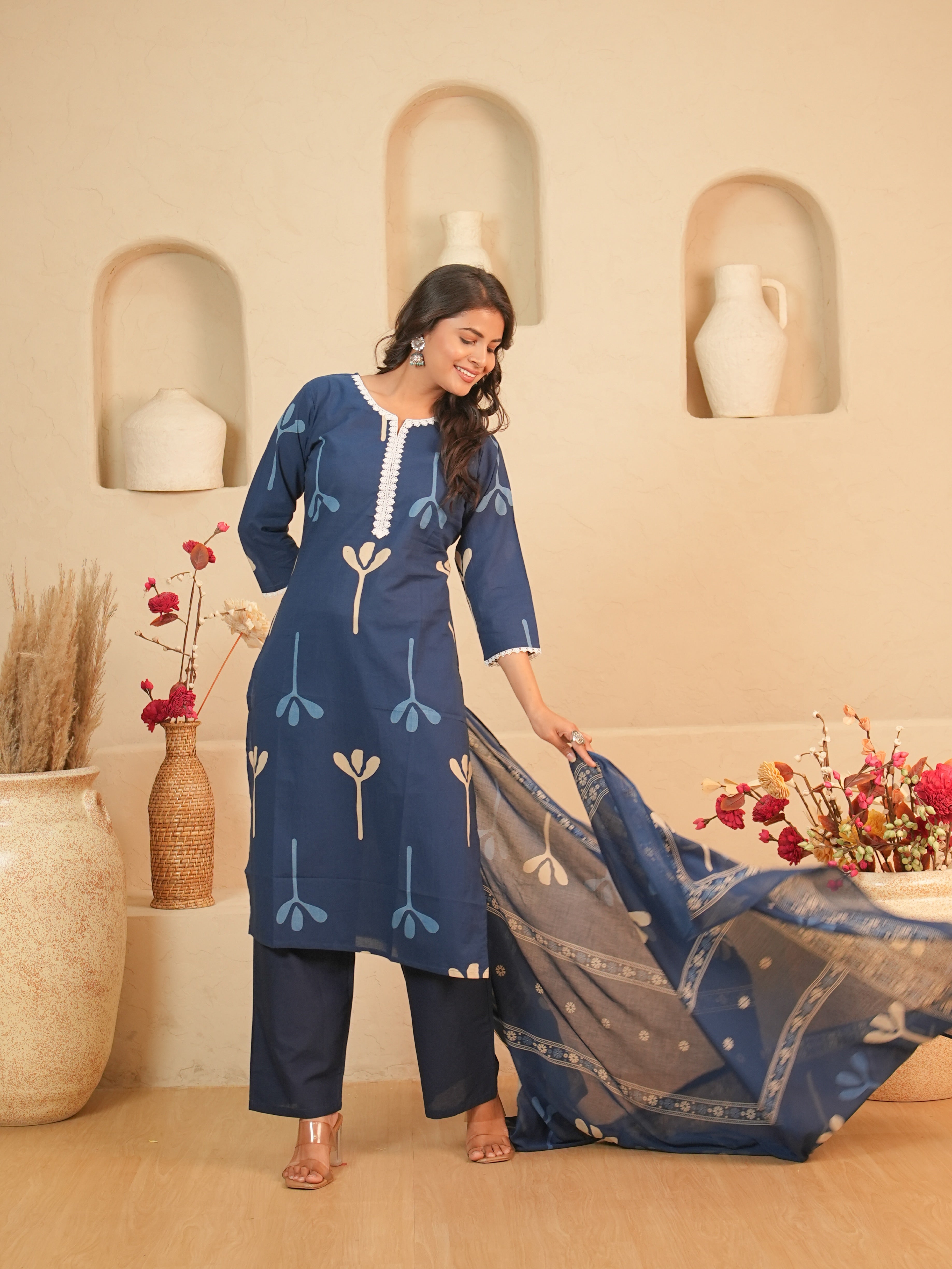 Navy Blue Printed Pure Cotton Kurti Set | Gouri Jaipur