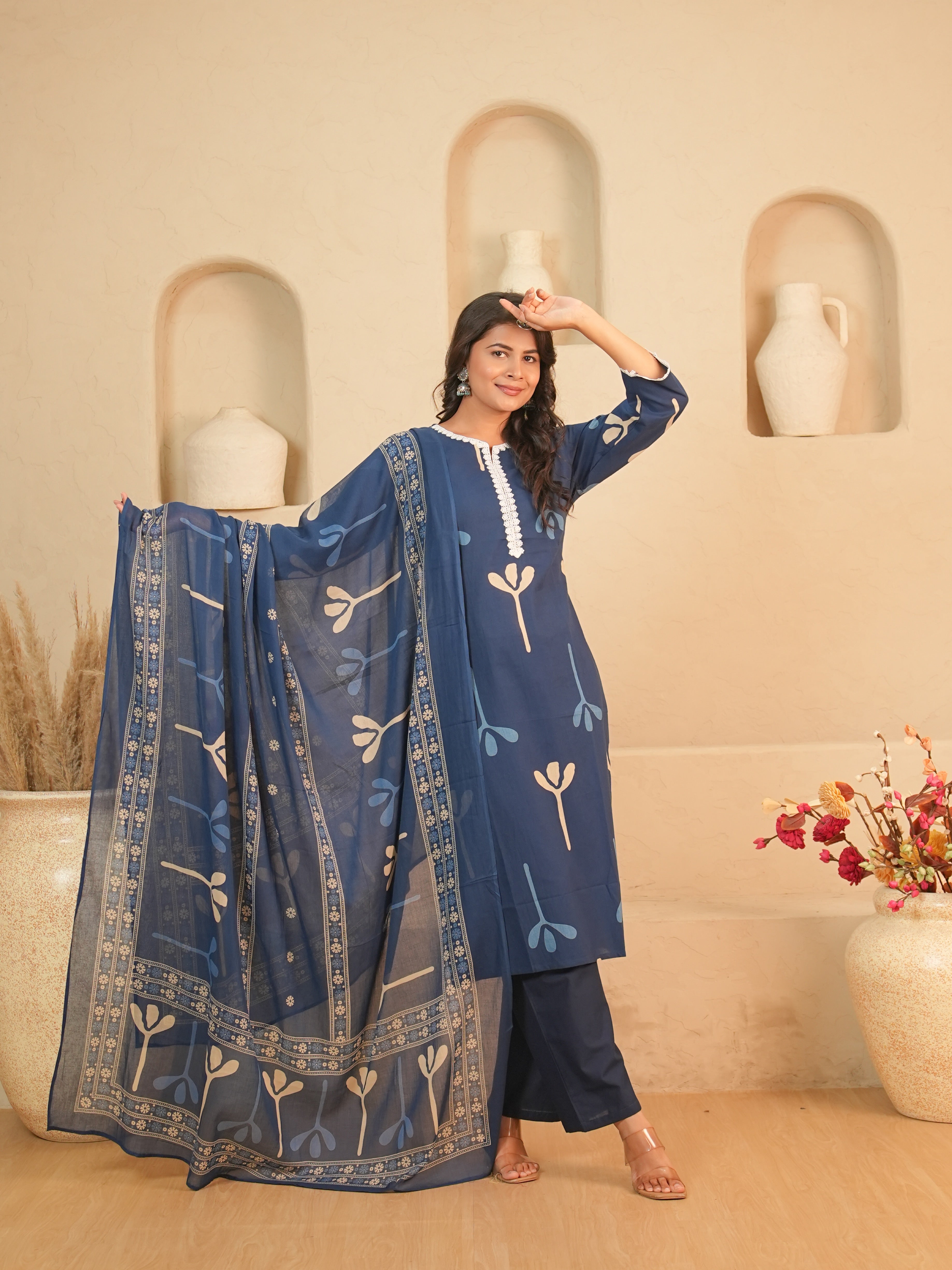 Navy Blue Printed Pure Cotton Kurti Set | Gouri Jaipur