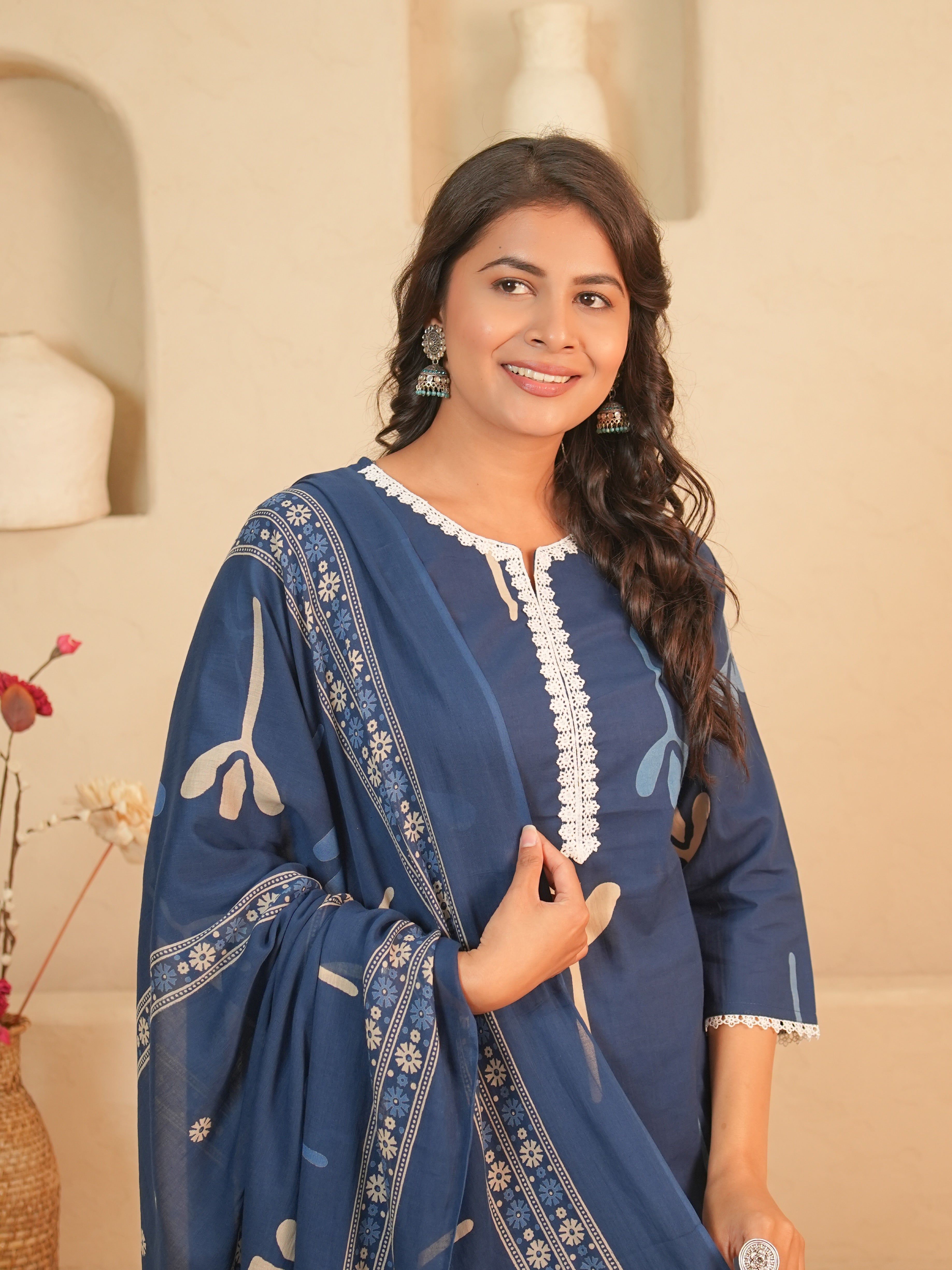 Navy Blue Printed Pure Cotton Kurti Set | Gouri Jaipur