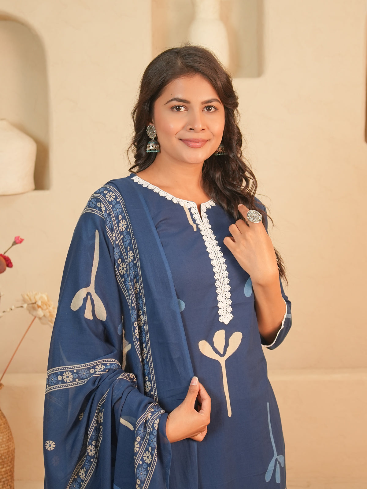 Navy Blue Printed Pure Cotton Kurti Set | Gouri Jaipur