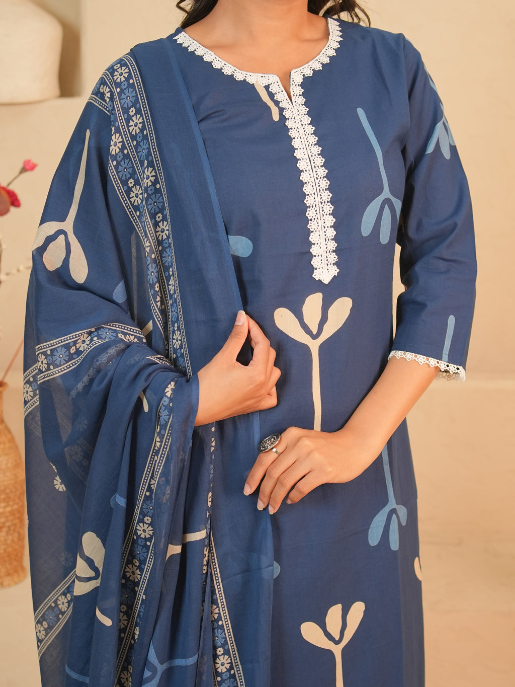 Navy Blue Printed Pure Cotton Kurti Set | Gouri Jaipur