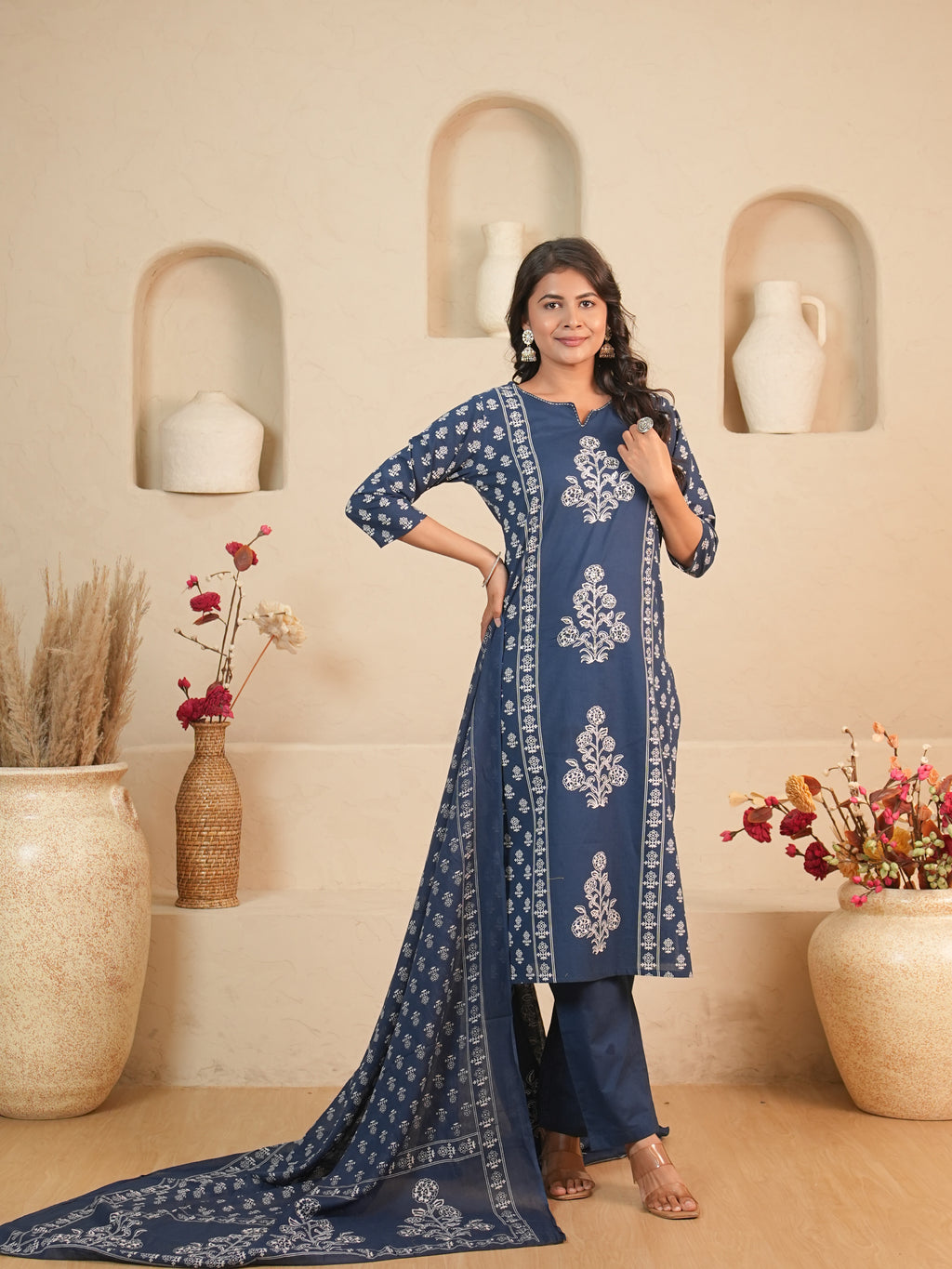Navy Blue Printed Pure Cotton Kurti Set with Sequin Detail | Gouri Jaipur