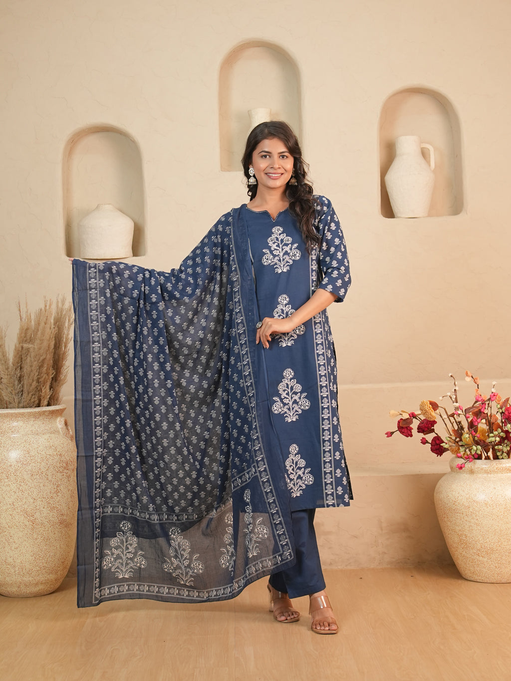 Navy Blue Printed Pure Cotton Kurti Set with Sequin Detail | Gouri Jaipur