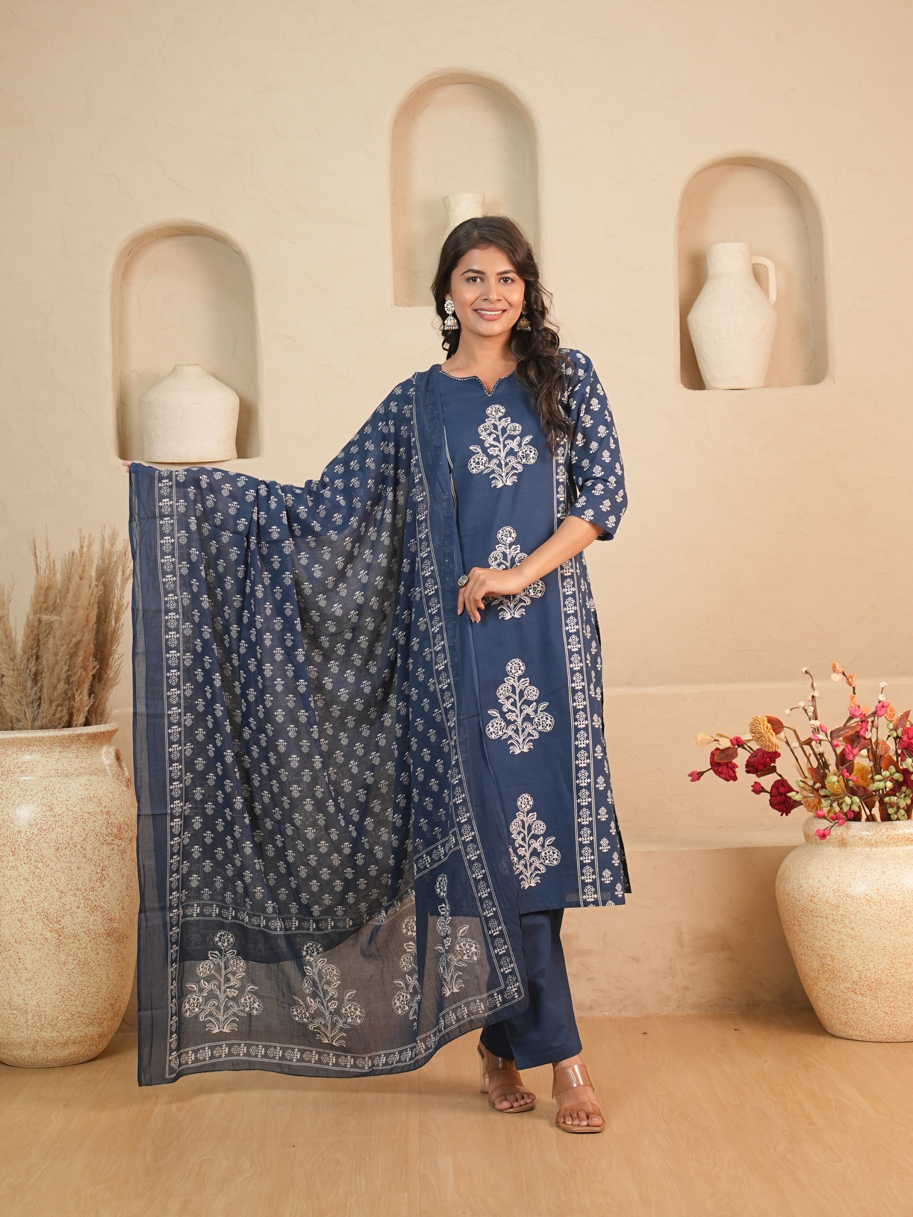 Navy Blue Printed Pure Cotton Kurti Set with Sequin Detail | Gouri Jaipur