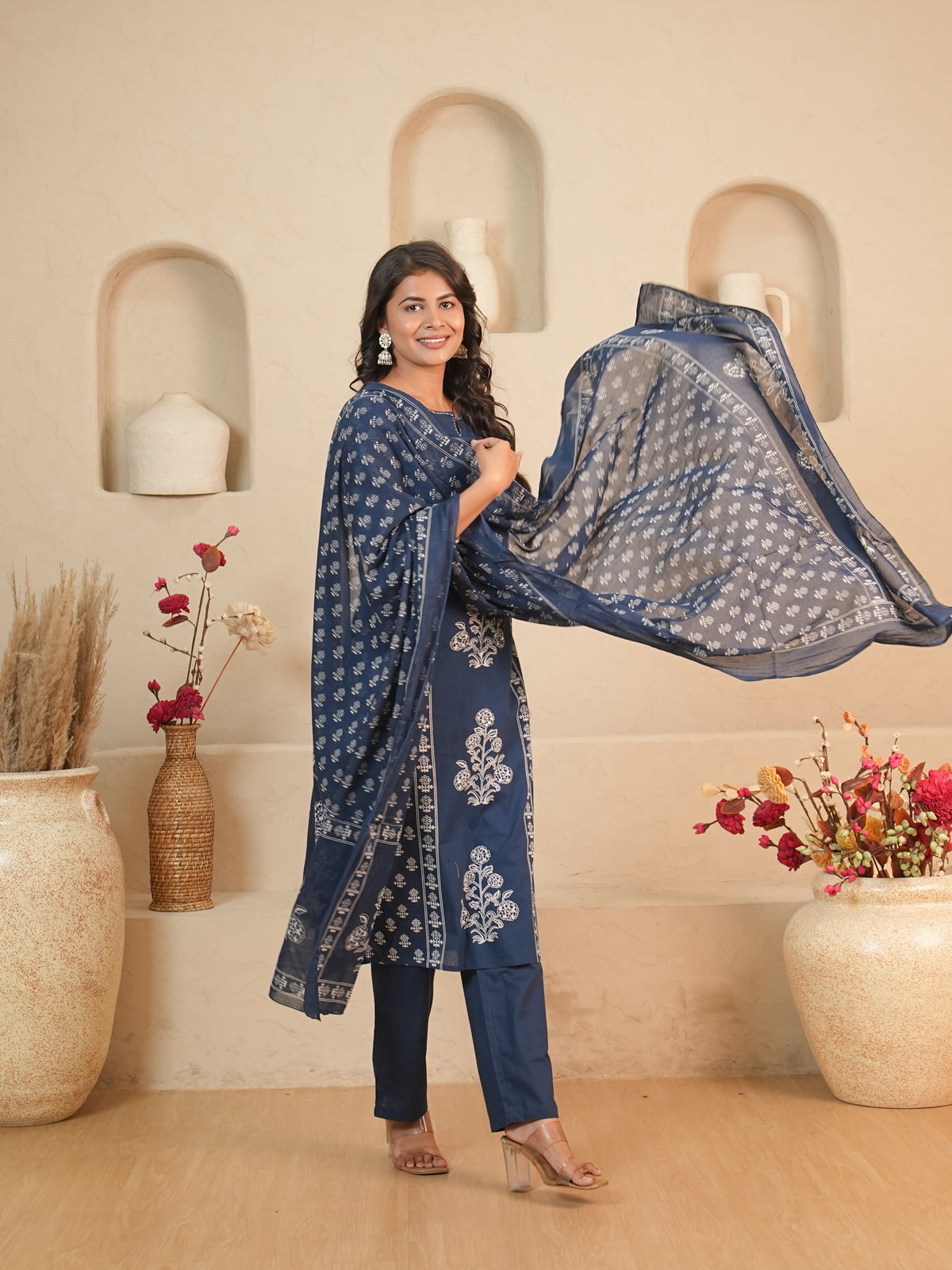 Navy Blue Printed Pure Cotton Kurti Set with Sequin Detail | Gouri Jaipur