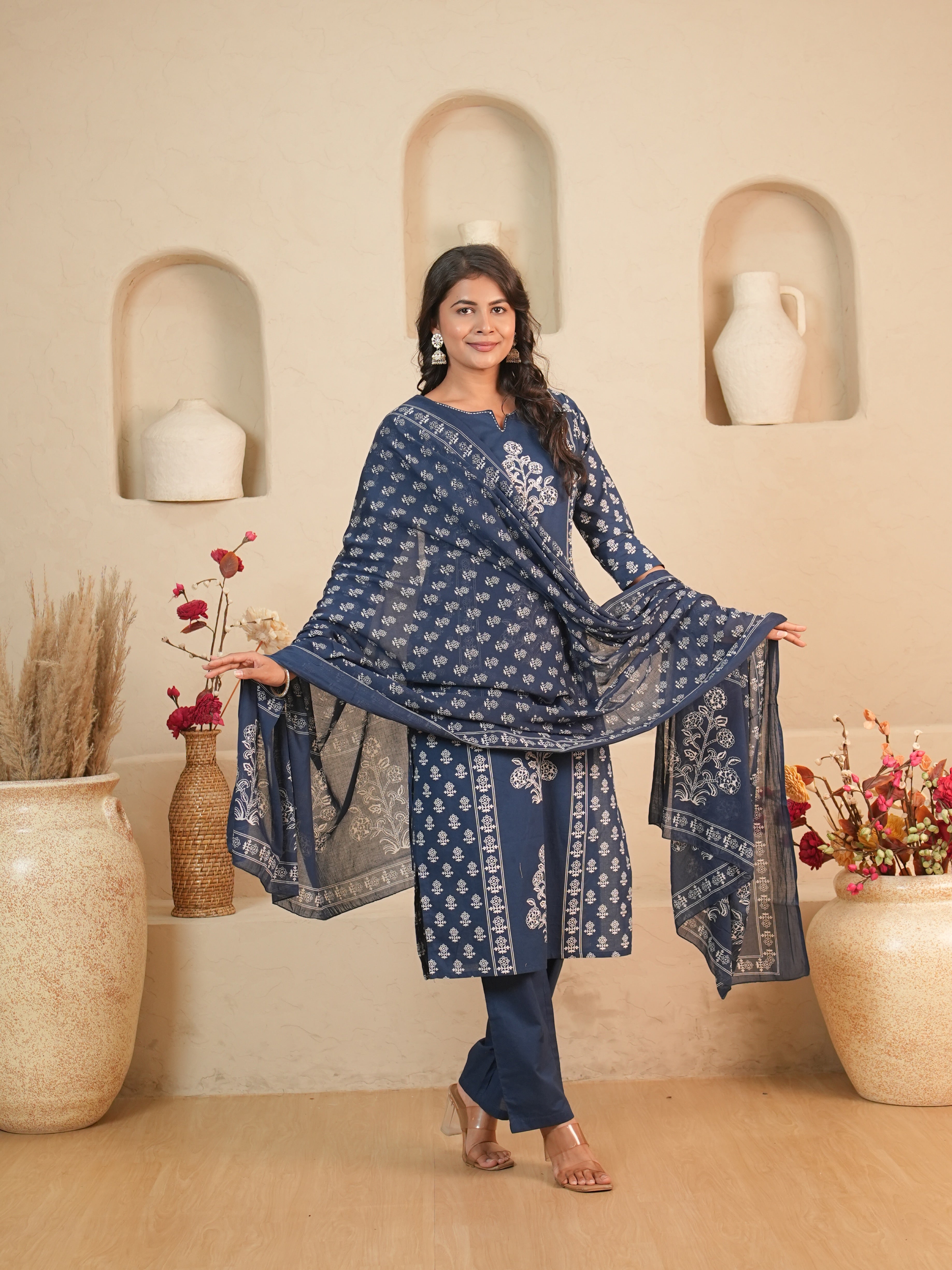 Navy Blue Printed Pure Cotton Kurti Set with Sequin Detail | Gouri Jaipur