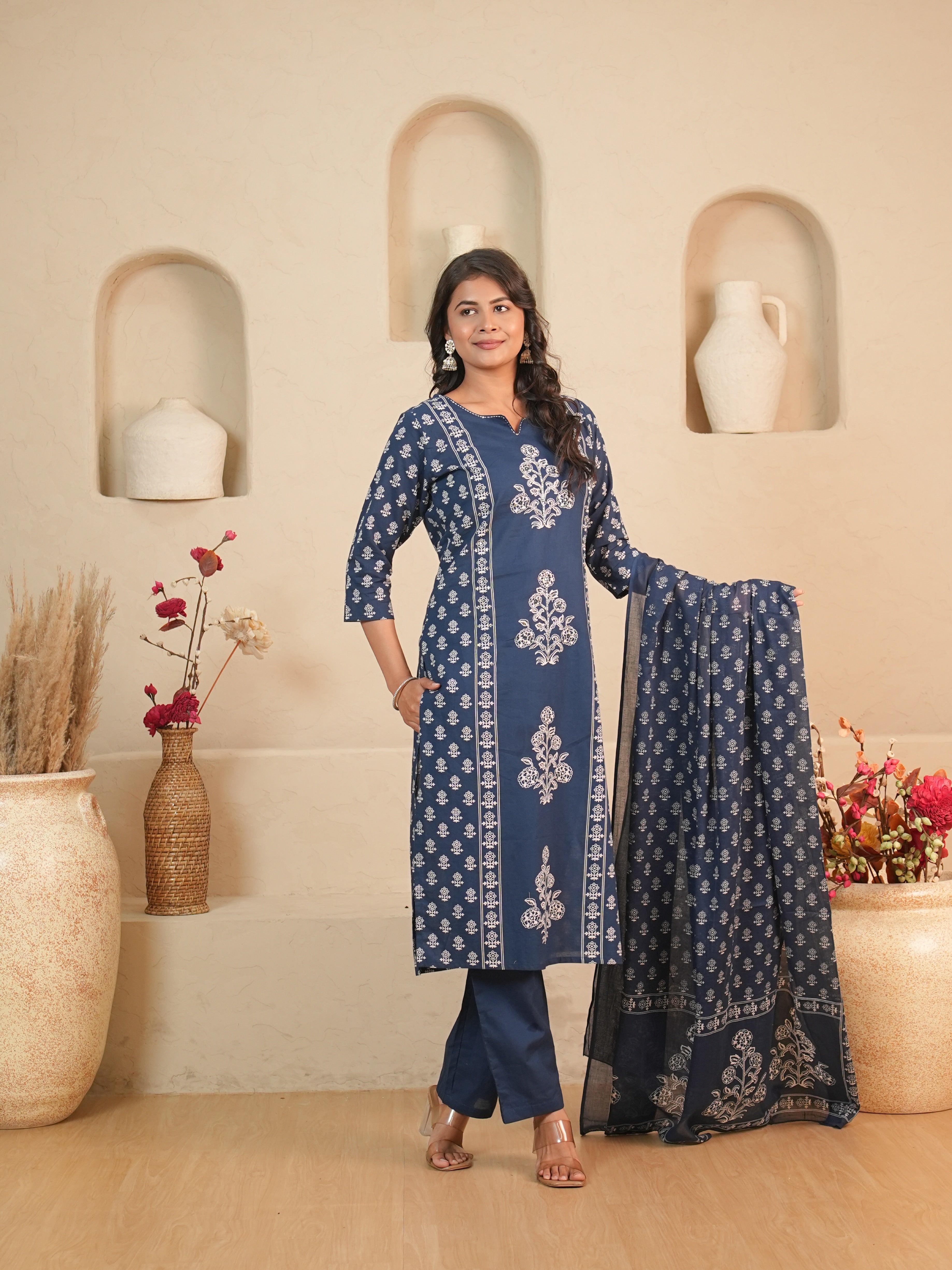 Brown Floral Printed Pure Cotton Kurti Set | Gouri Jaipur