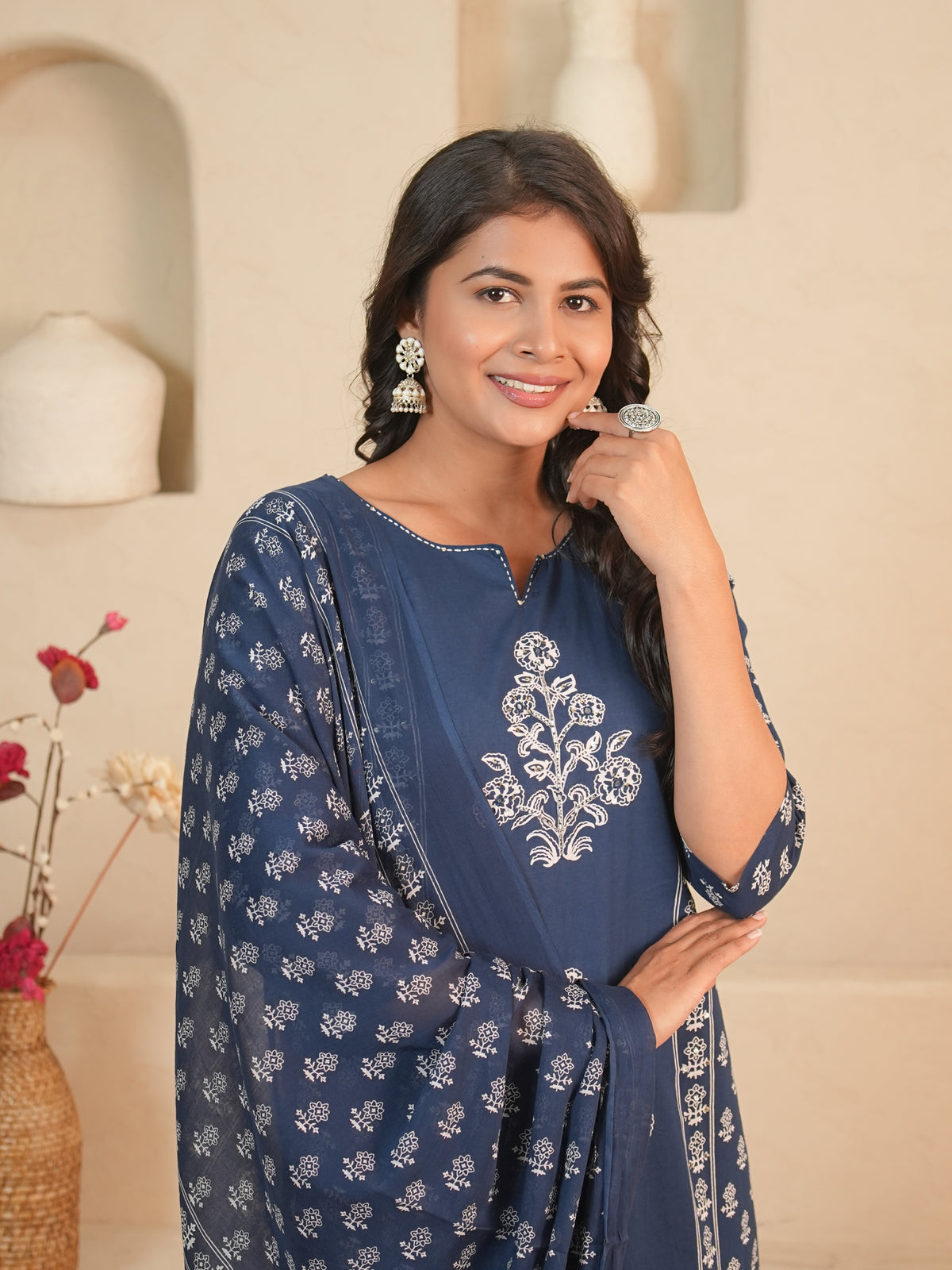 Navy Blue Printed Pure Cotton Kurti Set with Sequin Detail | Gouri Jaipur