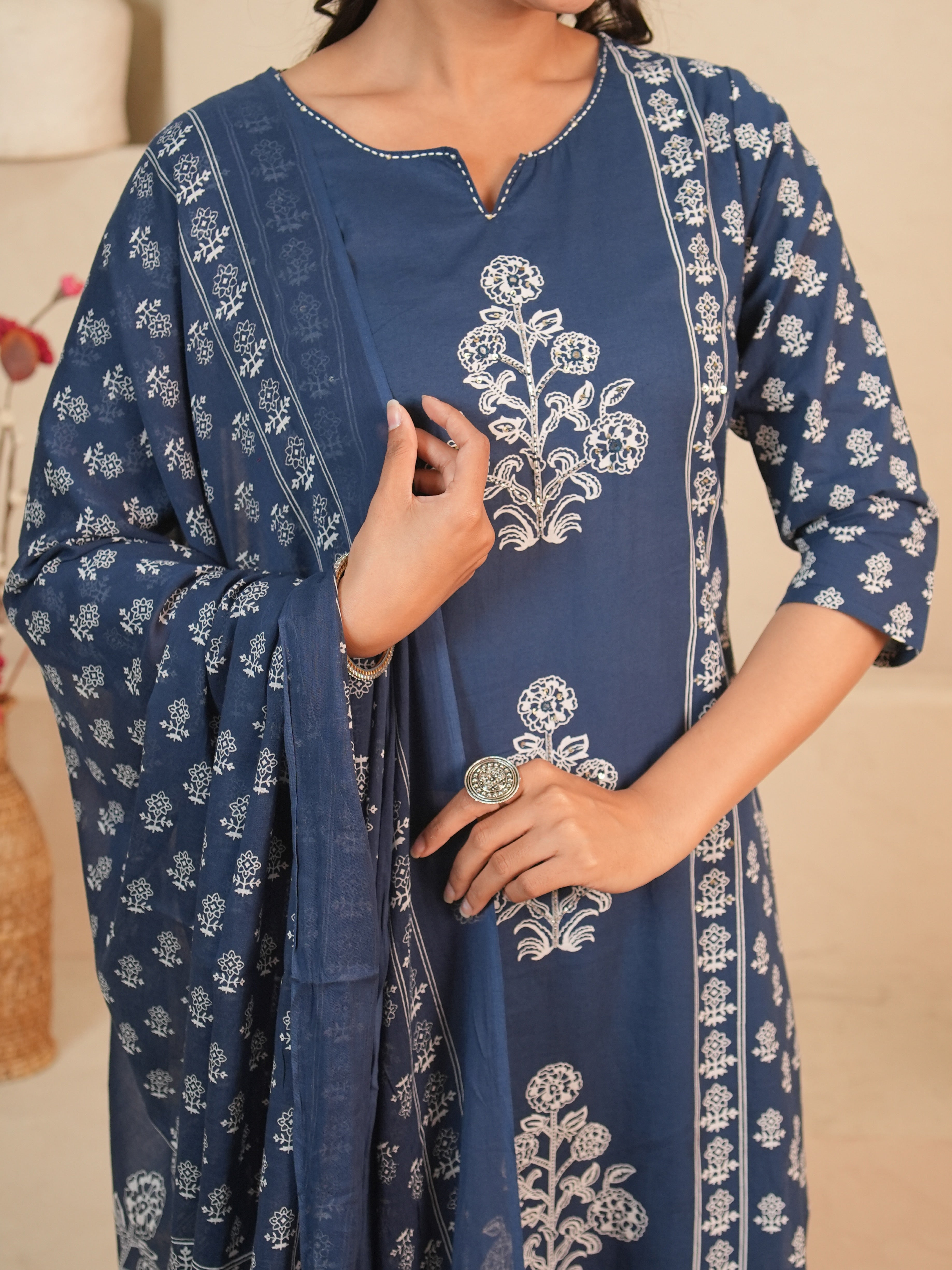 Navy Blue Printed Pure Cotton Kurti Set with Sequin Detail | Gouri Jaipur