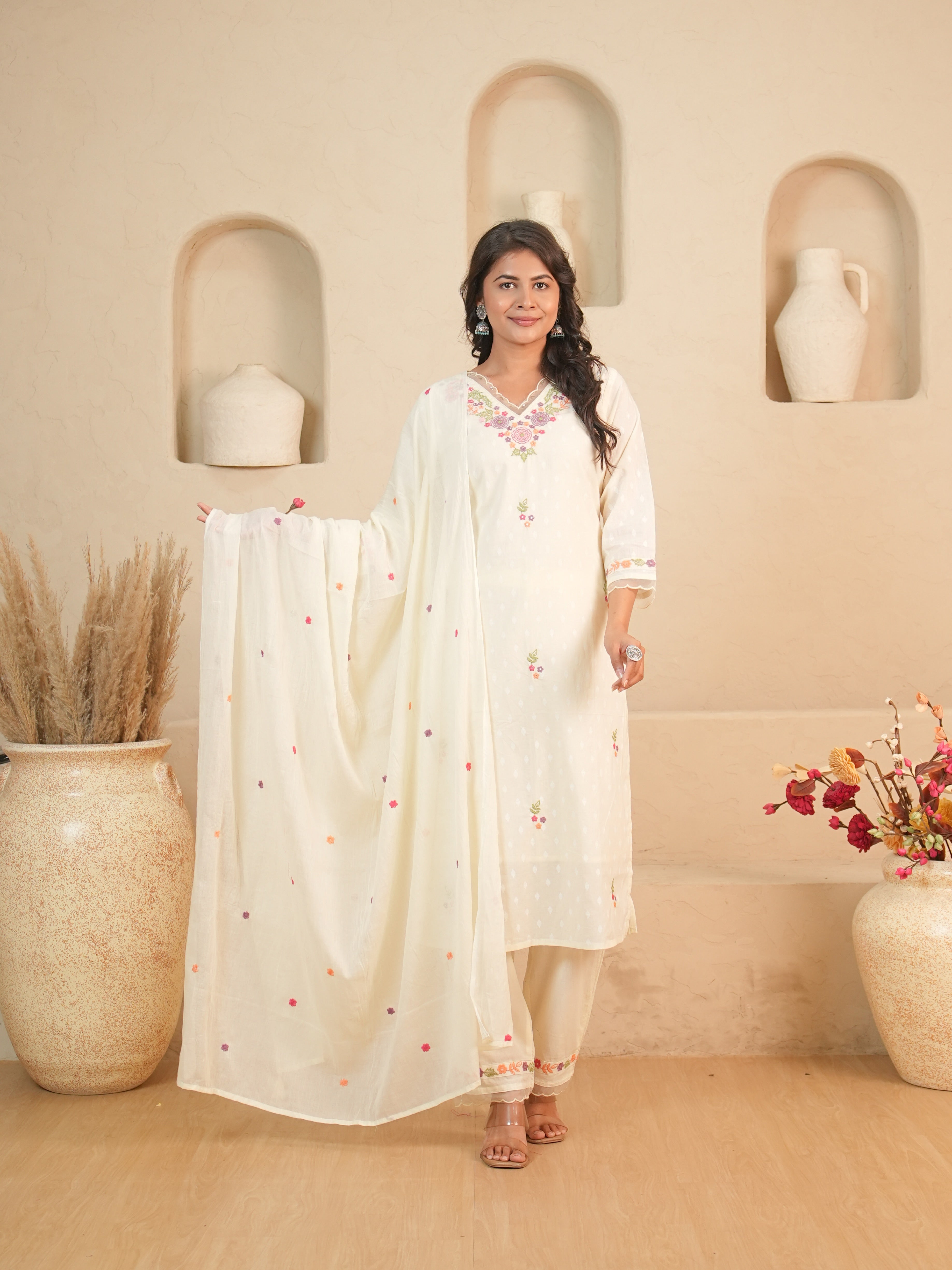 Off-White Floral Embroidered Mul Cotton Kurti Set with Palazzo & Dupatta | Gouri Jaipur
