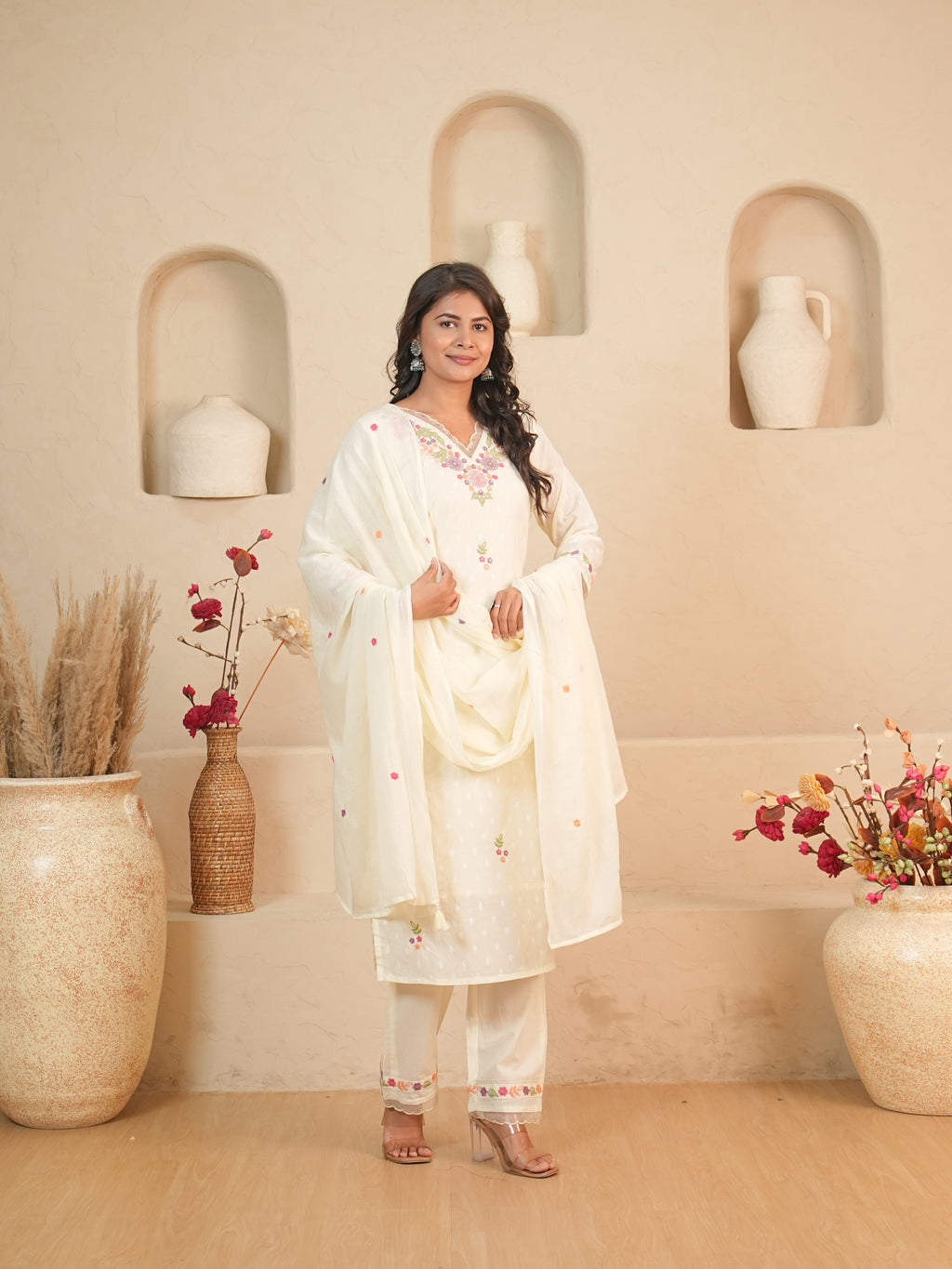 Off-White Floral Embroidered Mul Cotton Kurti Set with Palazzo & Dupatta | Gouri Jaipur