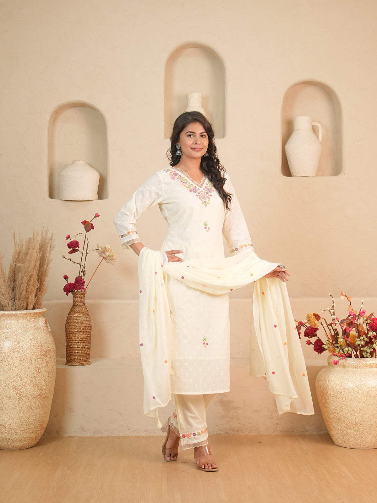 Off-White Floral Embroidered Mul Cotton Kurti Set with Palazzo & Dupatta | Gouri Jaipur