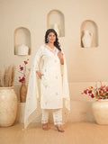 Off-White Floral Embroidered Mul Cotton Kurti Set with Palazzo & Dupatta | Gouri Jaipur