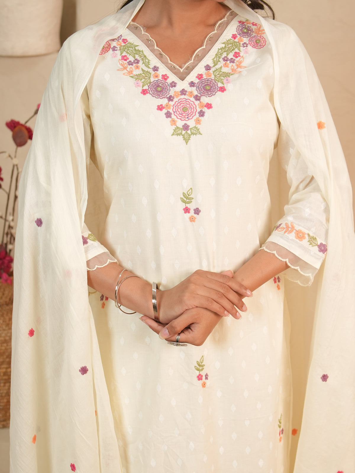 Off-White Floral Embroidered Mul Cotton Kurti Set with Palazzo & Dupatta | Gouri Jaipur