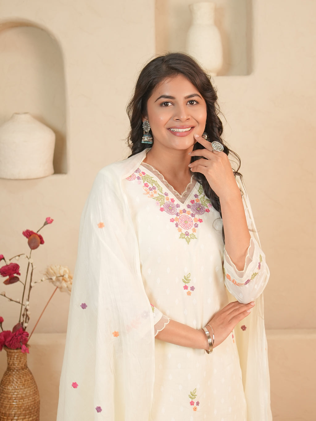 Off-White Floral Embroidered Mul Cotton Kurti Set with Palazzo & Dupatta | Gouri Jaipur